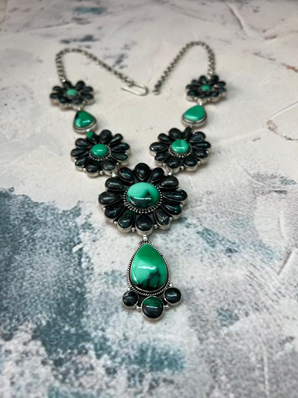 Handmade Sterling Silver Emerald Rose Necklace "Signed Nizhoni"