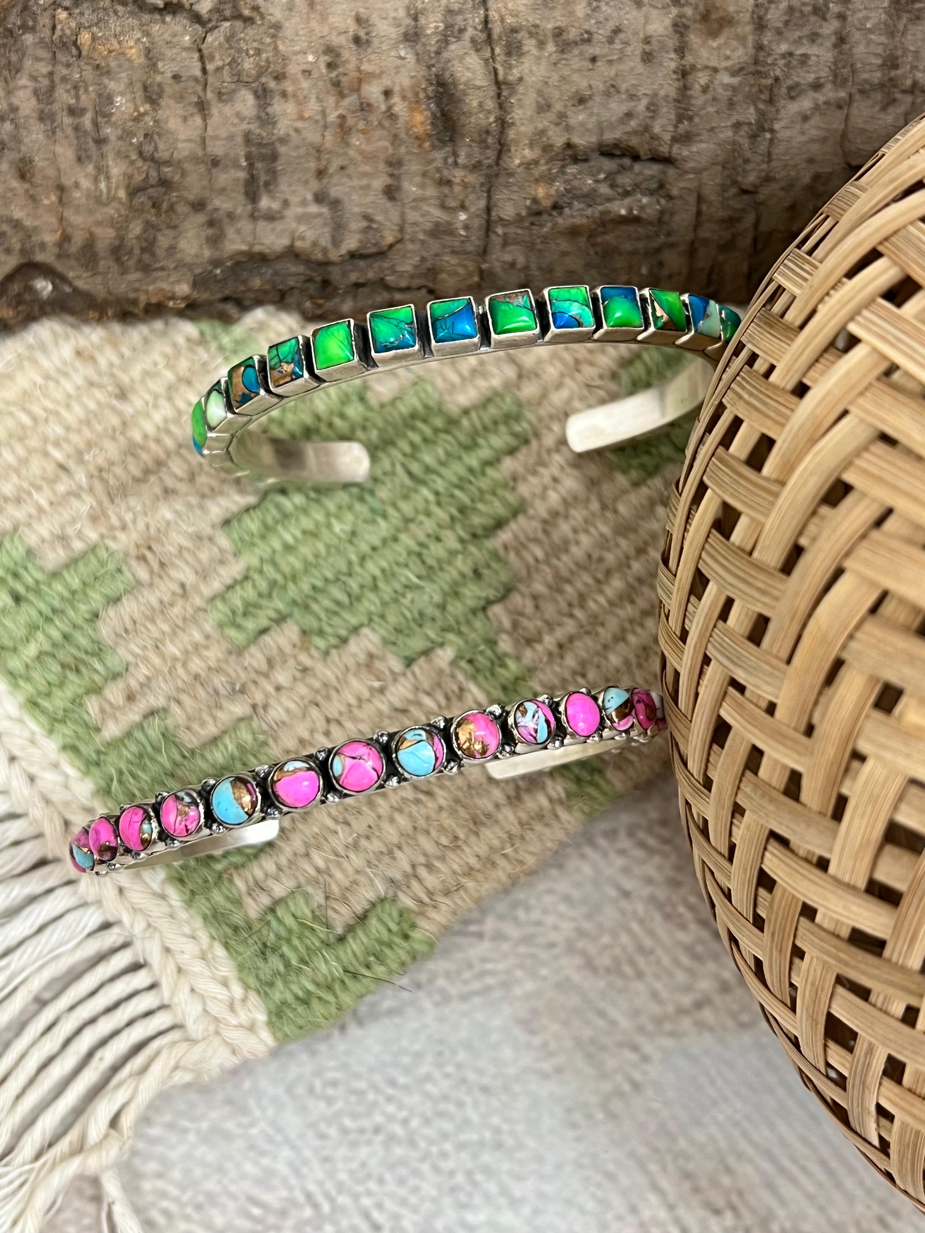 Handmade Sterling Silver Peacock Dahlia, Cotton Candy Cuff Bracelet with Signed Nizhoni