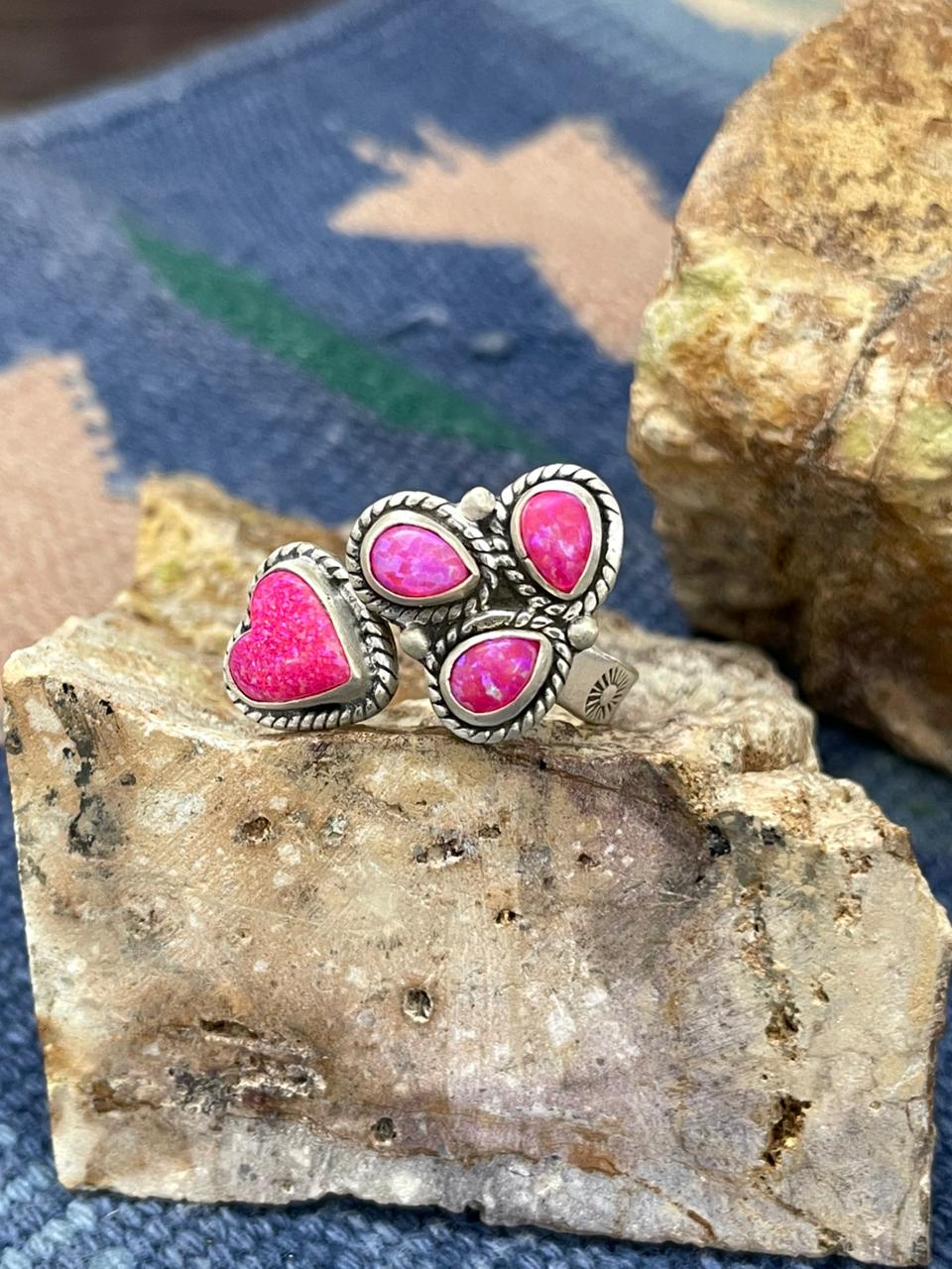Handmade Sterling Silver Hot Pink Adjustable Ring " Signed Nizhoni"