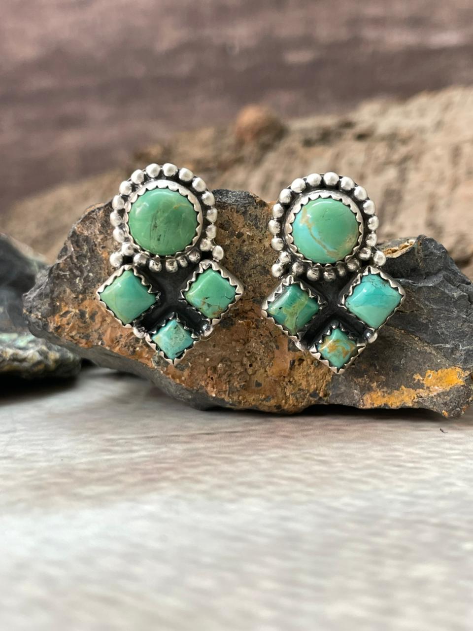 Handmade Sterling Silver Kingman Turquoise Post Studs Earrings "Signed Nizhoni"