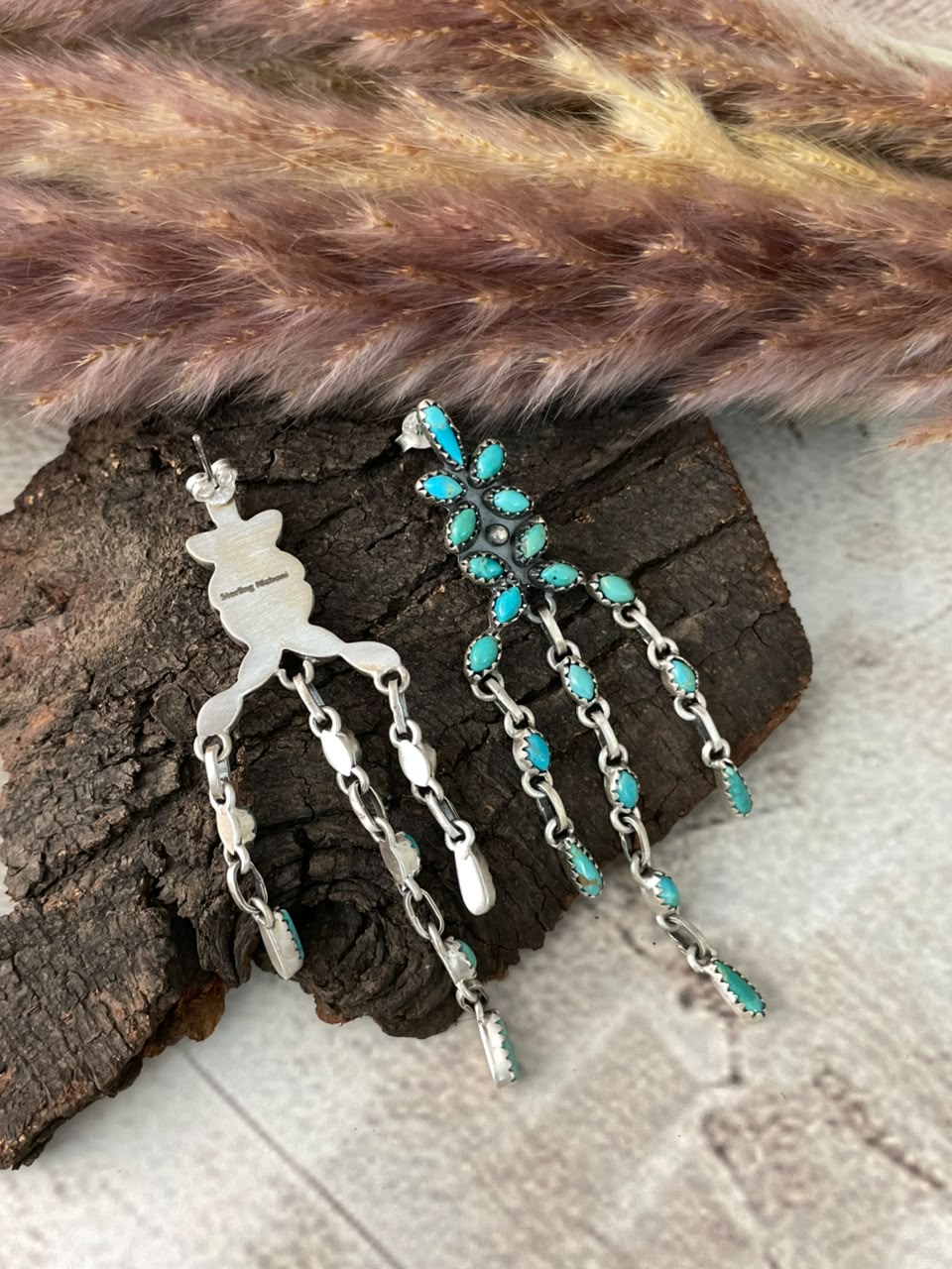 Handmade Sterling Silver Kingman Turquoise Post Dangle Earrings Signed Nizhoni (2)