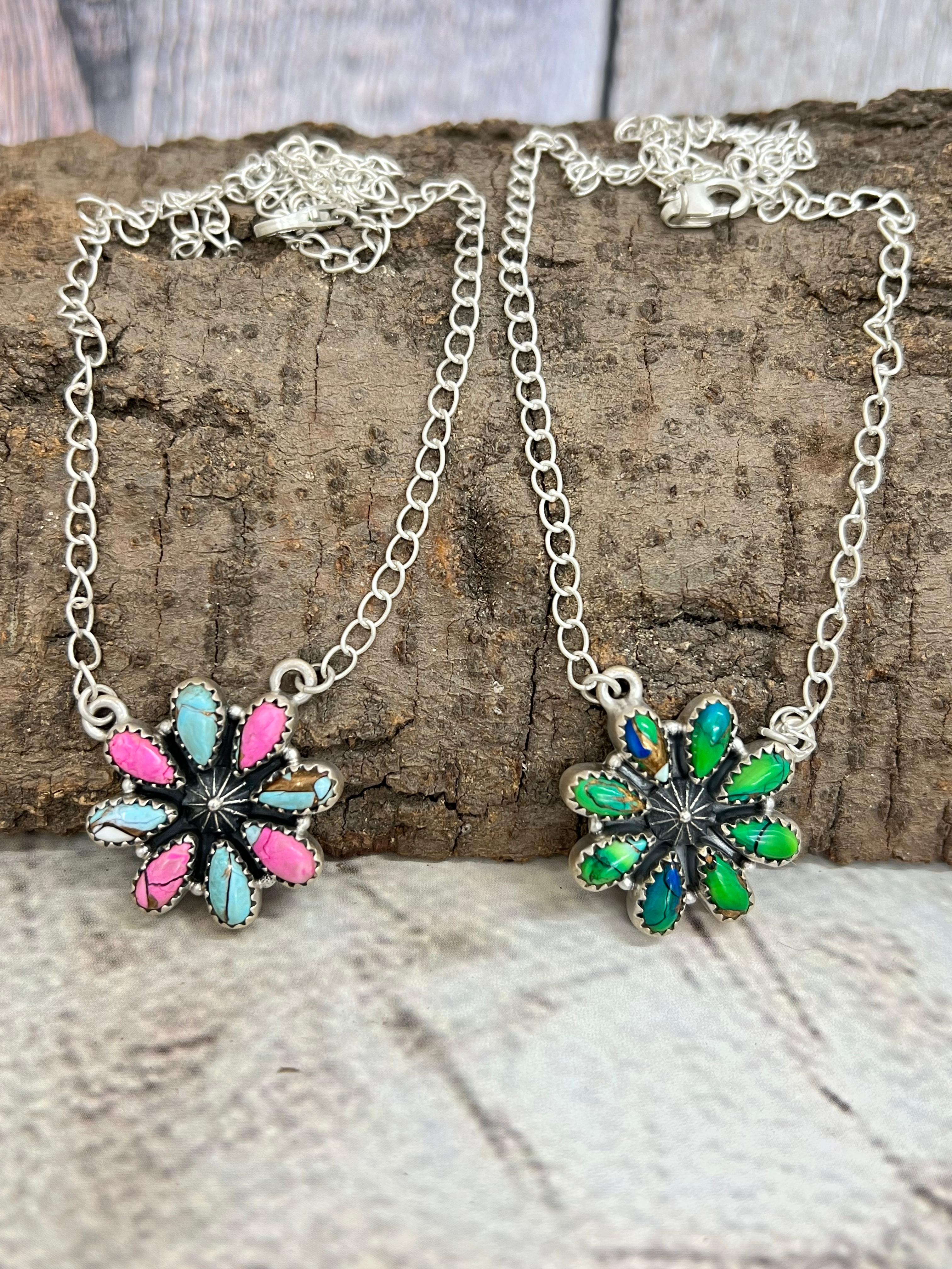 Handmade Sterling Silver Peacock Dahlia, Cotton Candy Turquoise Necklace with Signed Nizhoni