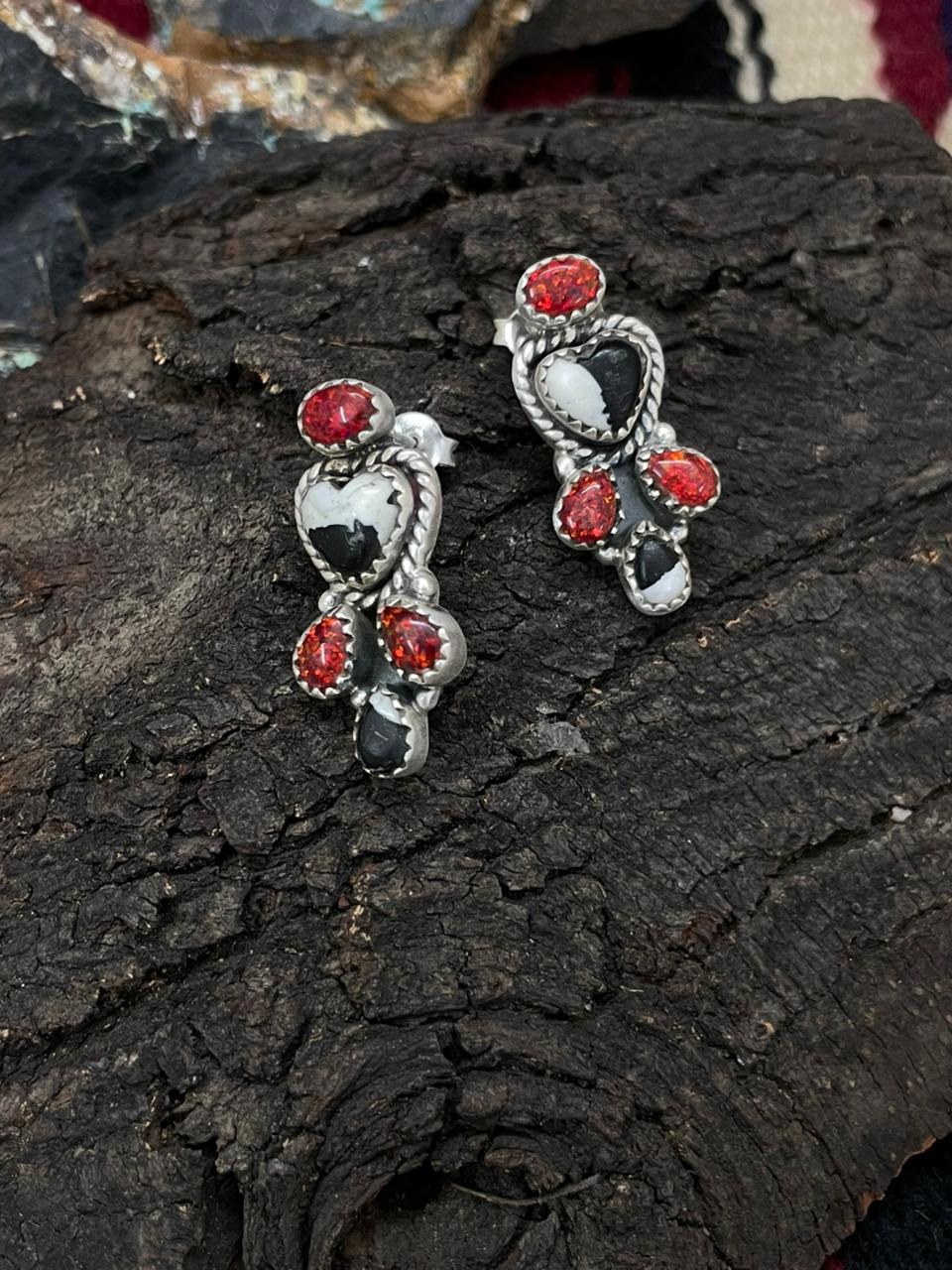 "Christmas Collection" Handmade Sterling Silver White Buffalo with Red Opal Studs Earrings "Signed Nizhoni"