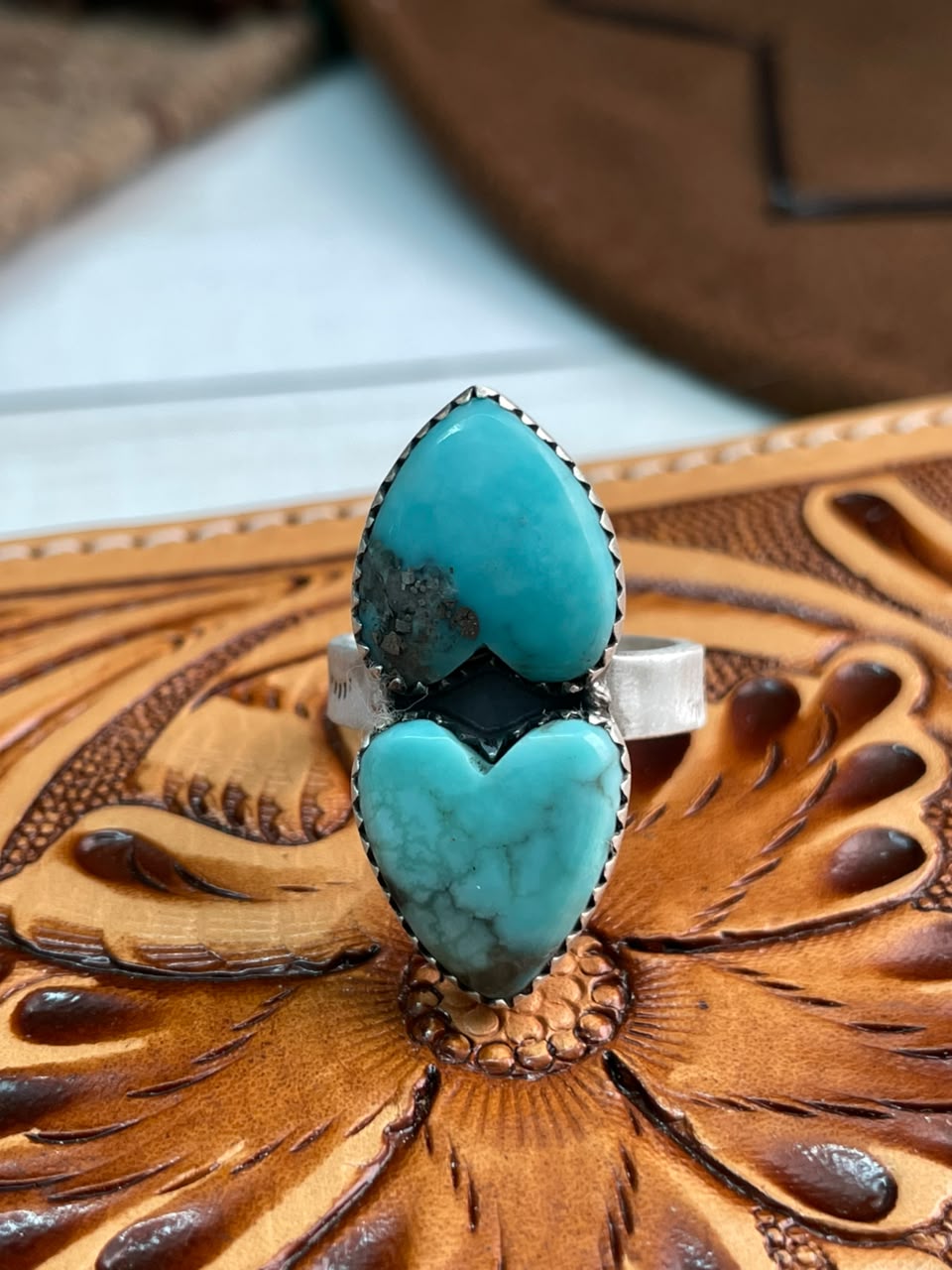 Handmade Sterling Silver Campitos Turquoise Collection: Heart Adjustable Ring Signed Nizhoni