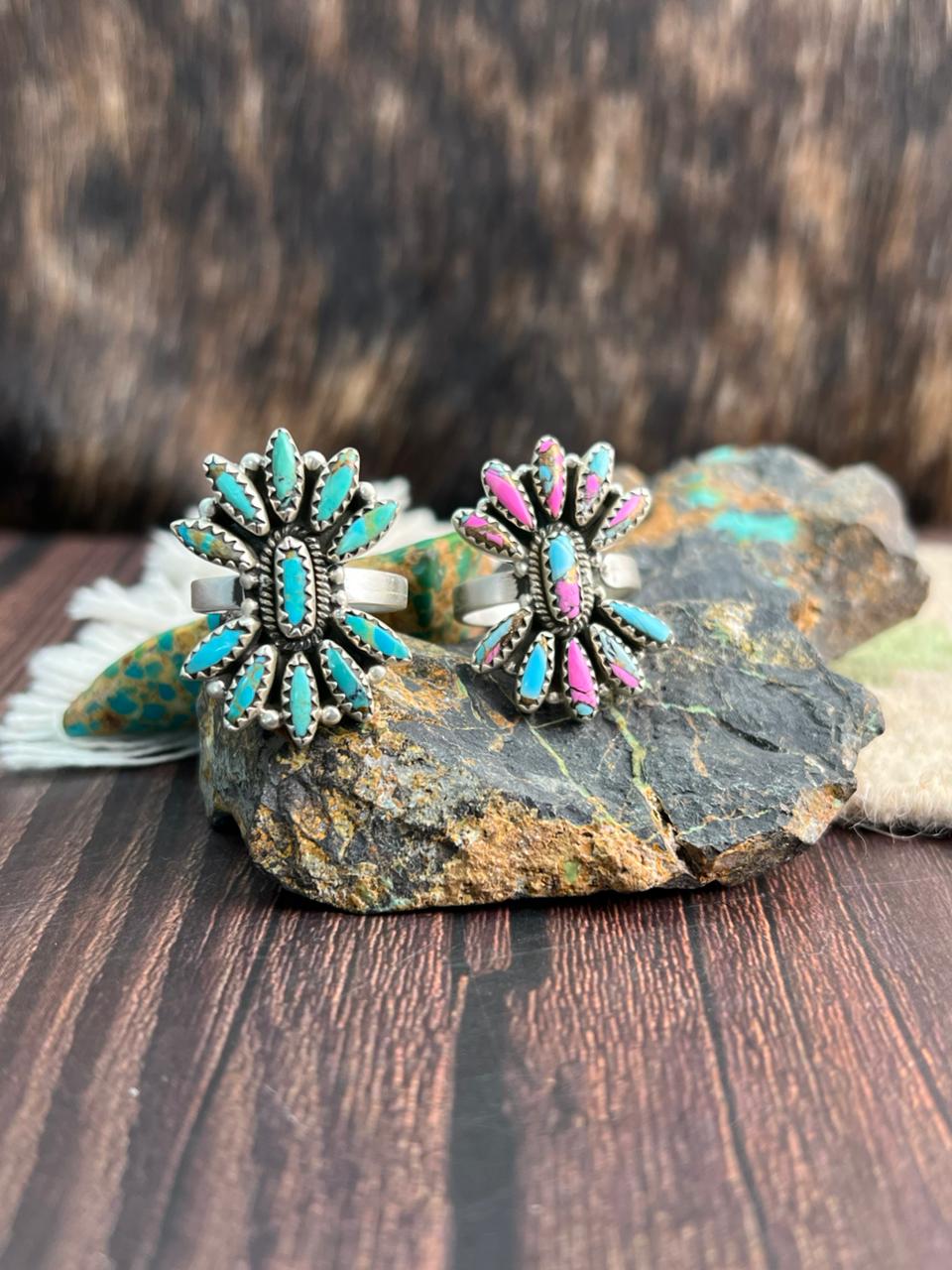 Handmade Sterling Silver Kingman Turquoise and Cotton Candy Adjustable Ring "Signed Nizhoni"