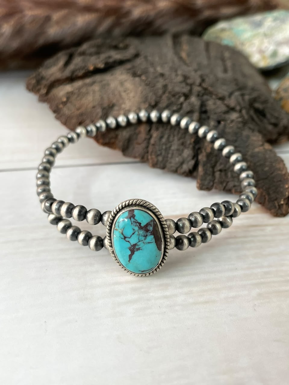 Handmade Sterling Silver Crimson Cowgirl Turquoise Collection: Stretchy Beaded Bracelet Signed Nizhoni