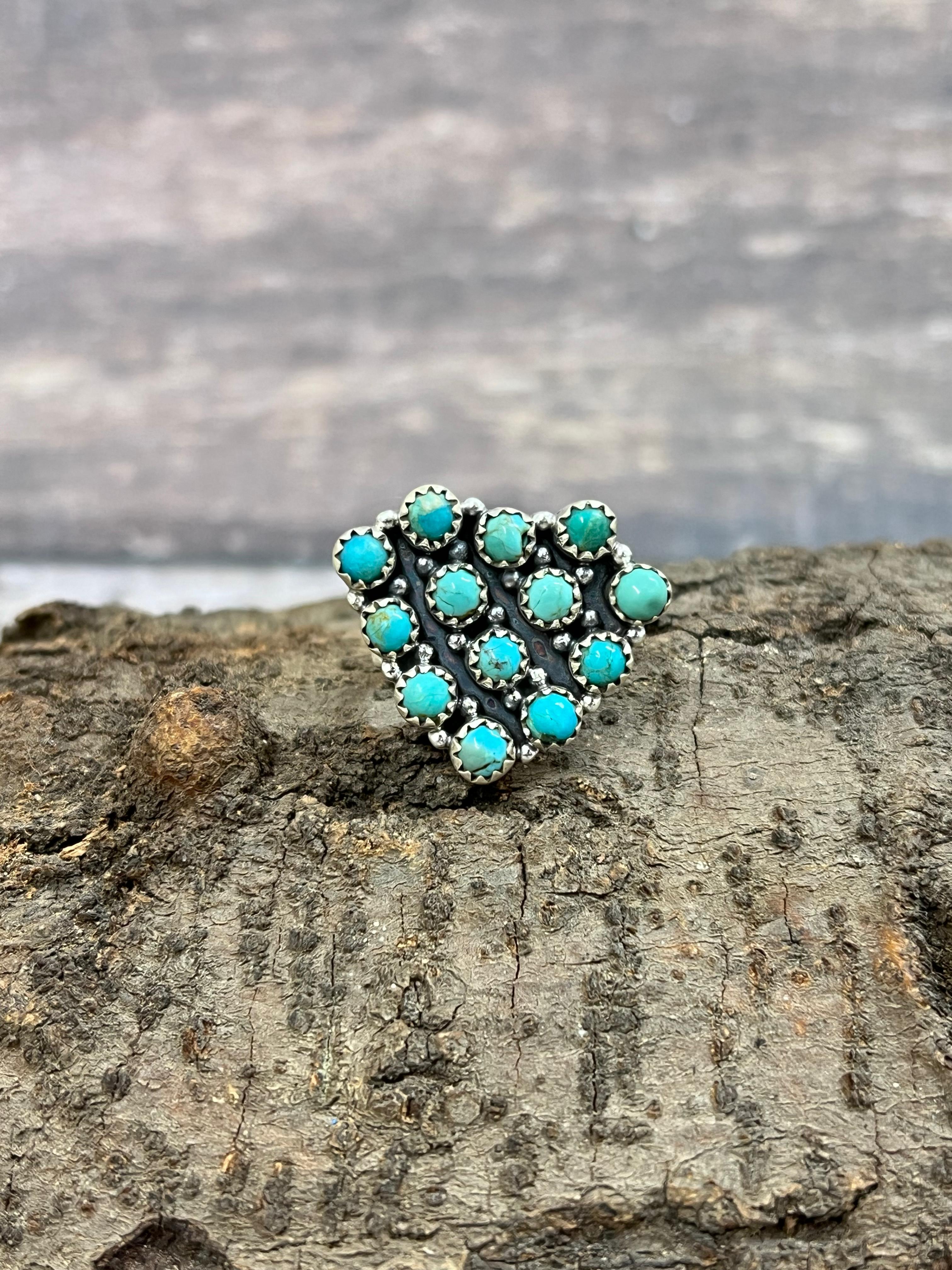 Handmade Sterling Silver Kingman Turquoise Heart Adjustable Ring with Signed Nizhoni (9)