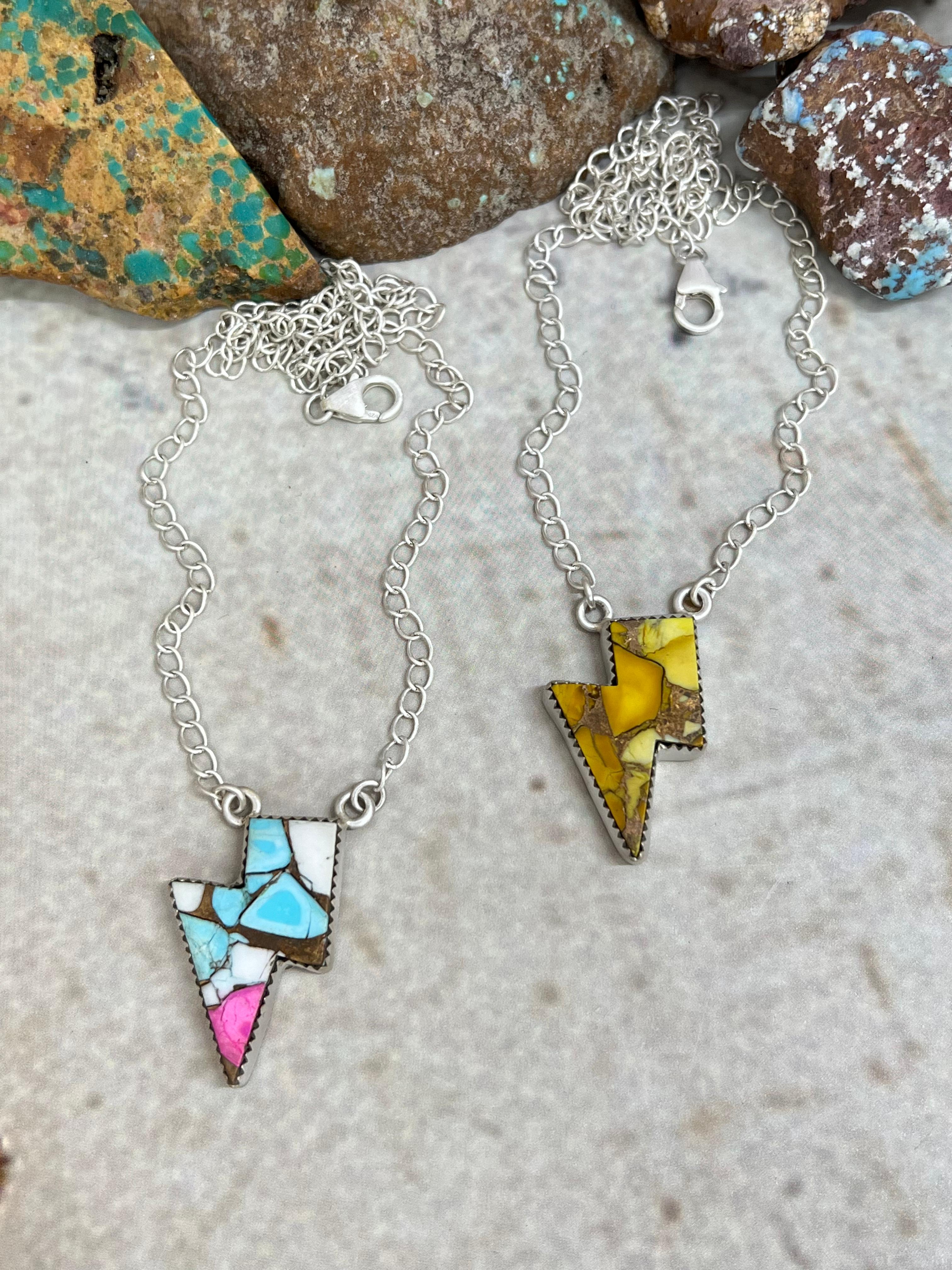 Handmade Sterling Silver Cotton Candy, Honey Dahlia Lightning Bolt Necklace Signed Nizhoni (3)