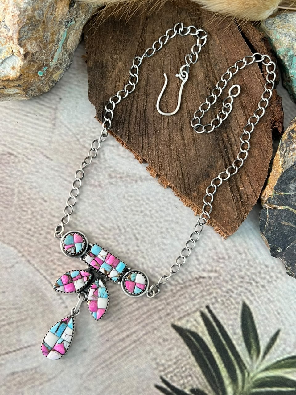 Handmade Sterling Silver Cotton Candy Cobble Stone Necklace Signed Nizhoni