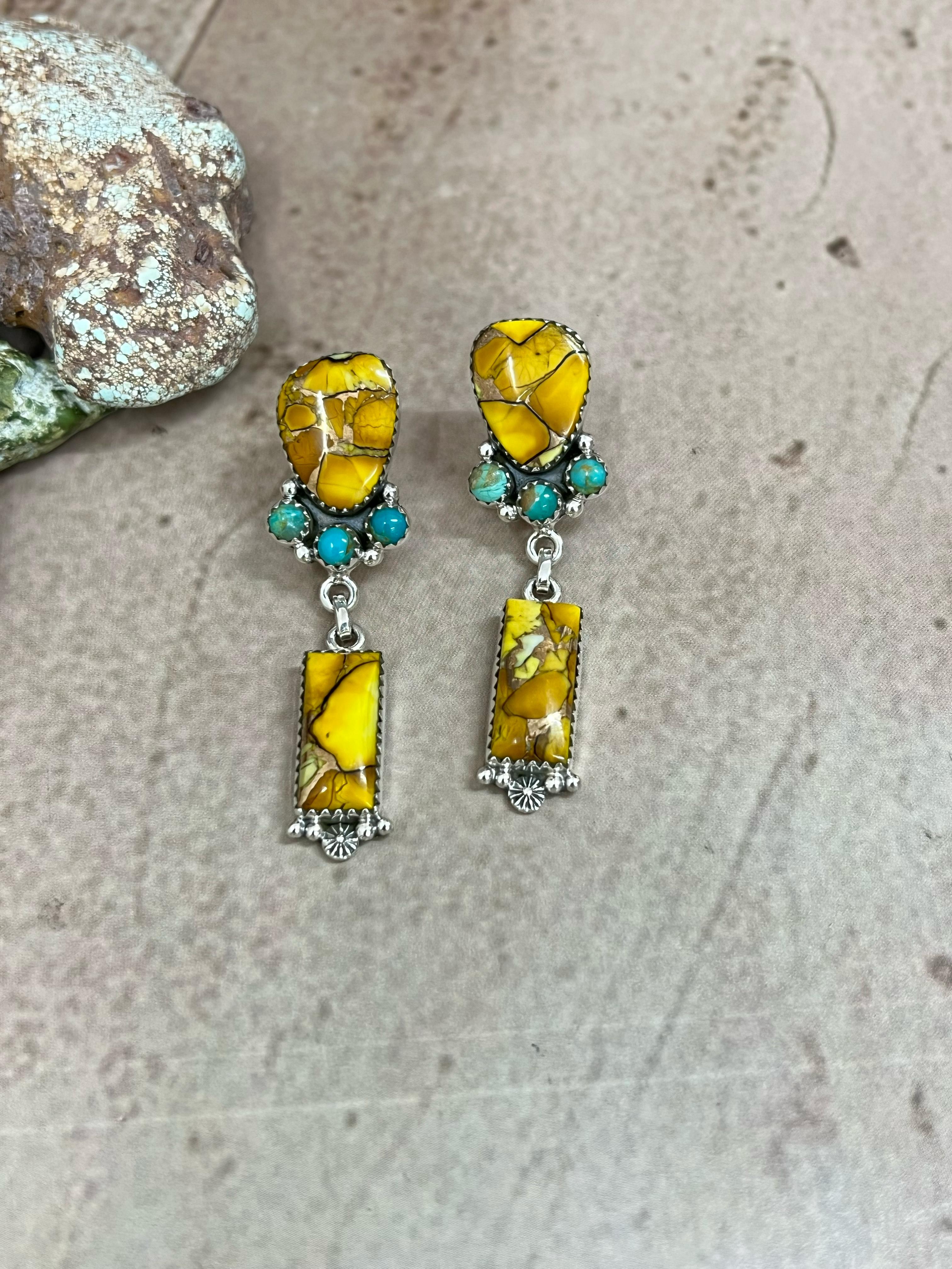 Handmade Sterling Silver Honey Dahlia with Kingman Turquoise Post Earrings, Signed Nizhoni