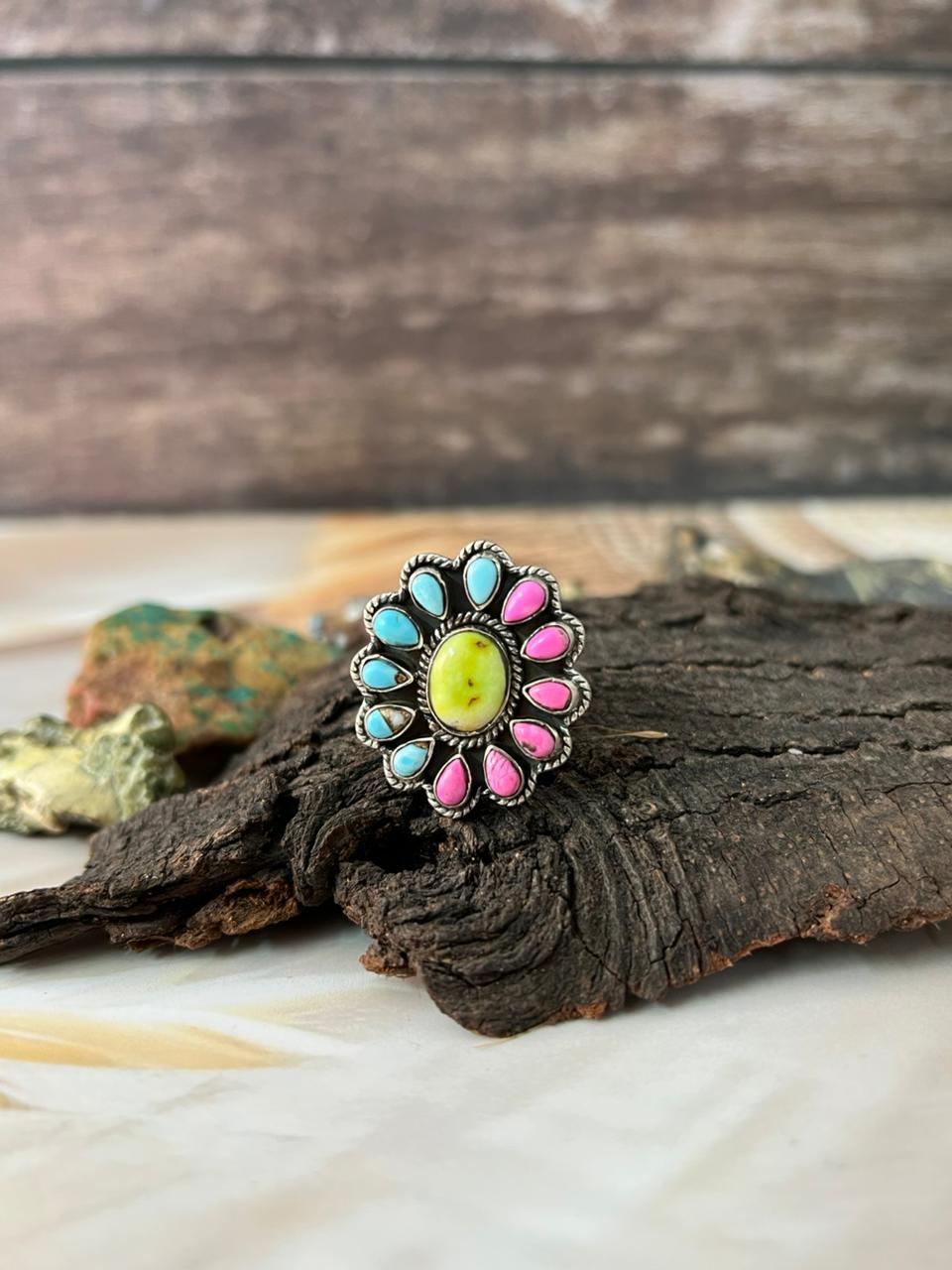 Handmade Sterling Silver Cotton Candy with Palomino Adjustable Ring "Signed Nizhoni"