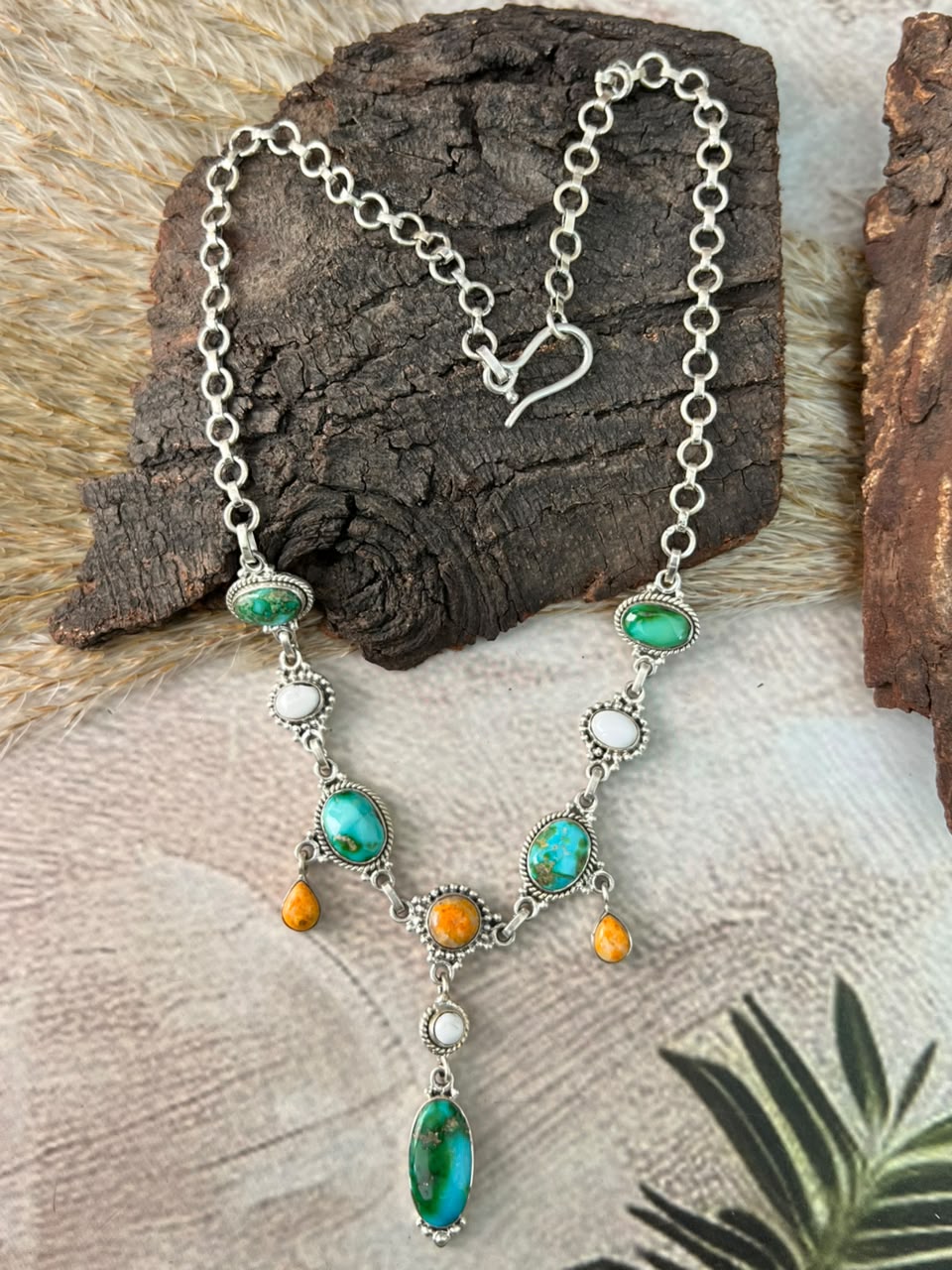 Handmade Sterling Silver Sonoran Mountain Turquoise with Bumblebee and White Buffalo Spring Collection: Necklace Signed Nizhoni