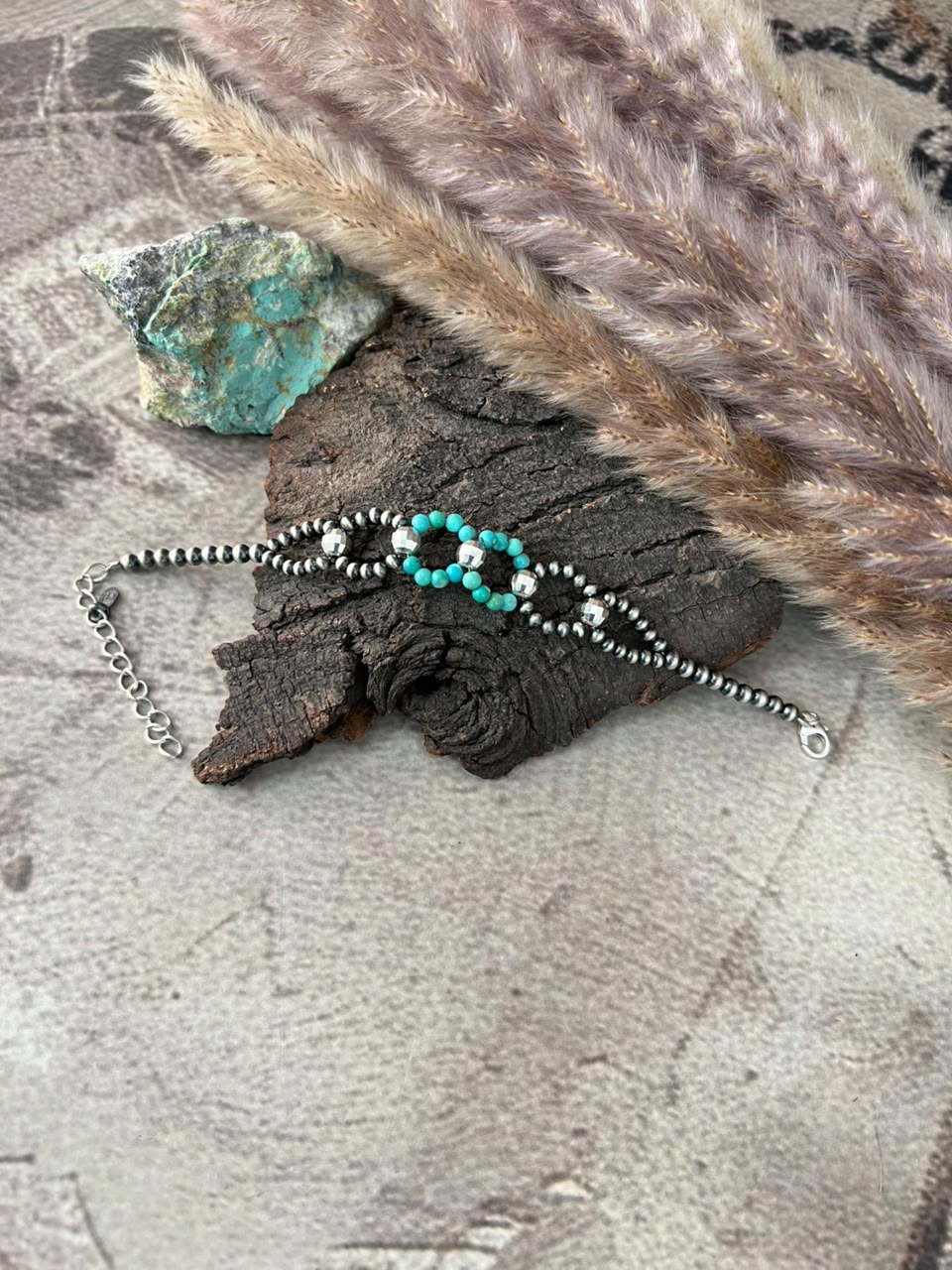Handmade Sterling Silver Kingman Turquoise Beaded Chain Bracelet Signed Nizhoni