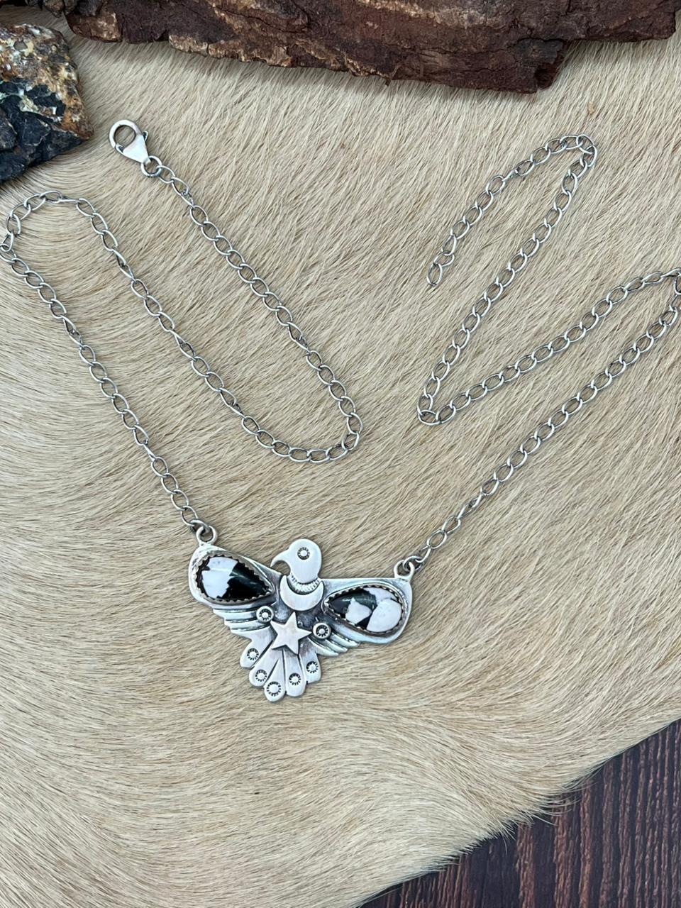 Handmade Sterling Silver White Buffalo Thunder Bird Necklace "Signed Nizhoni"