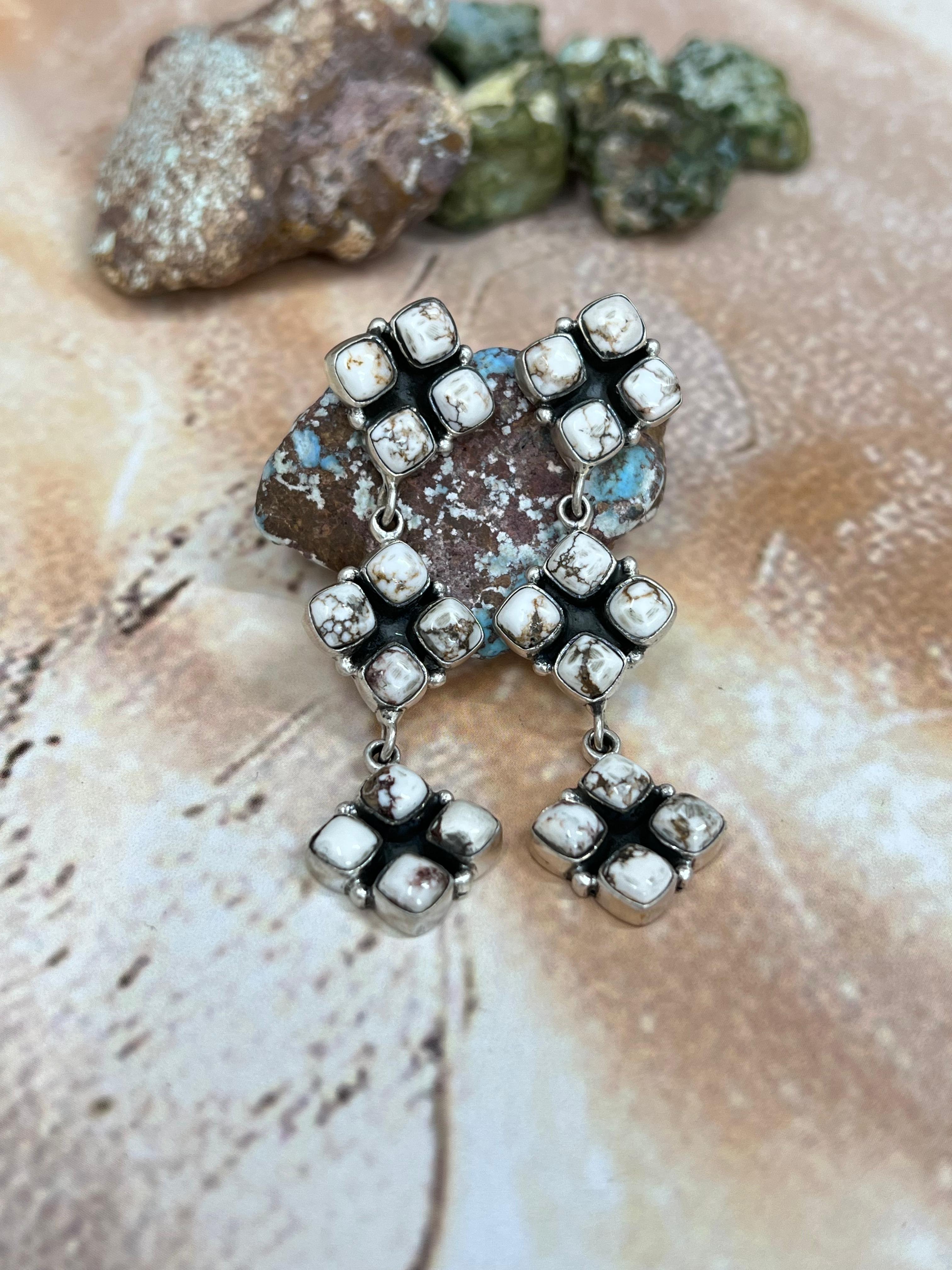 Handmade Sterling Silver Wild Horse Turquoise Dangles Earrings with Signed Nizhoni