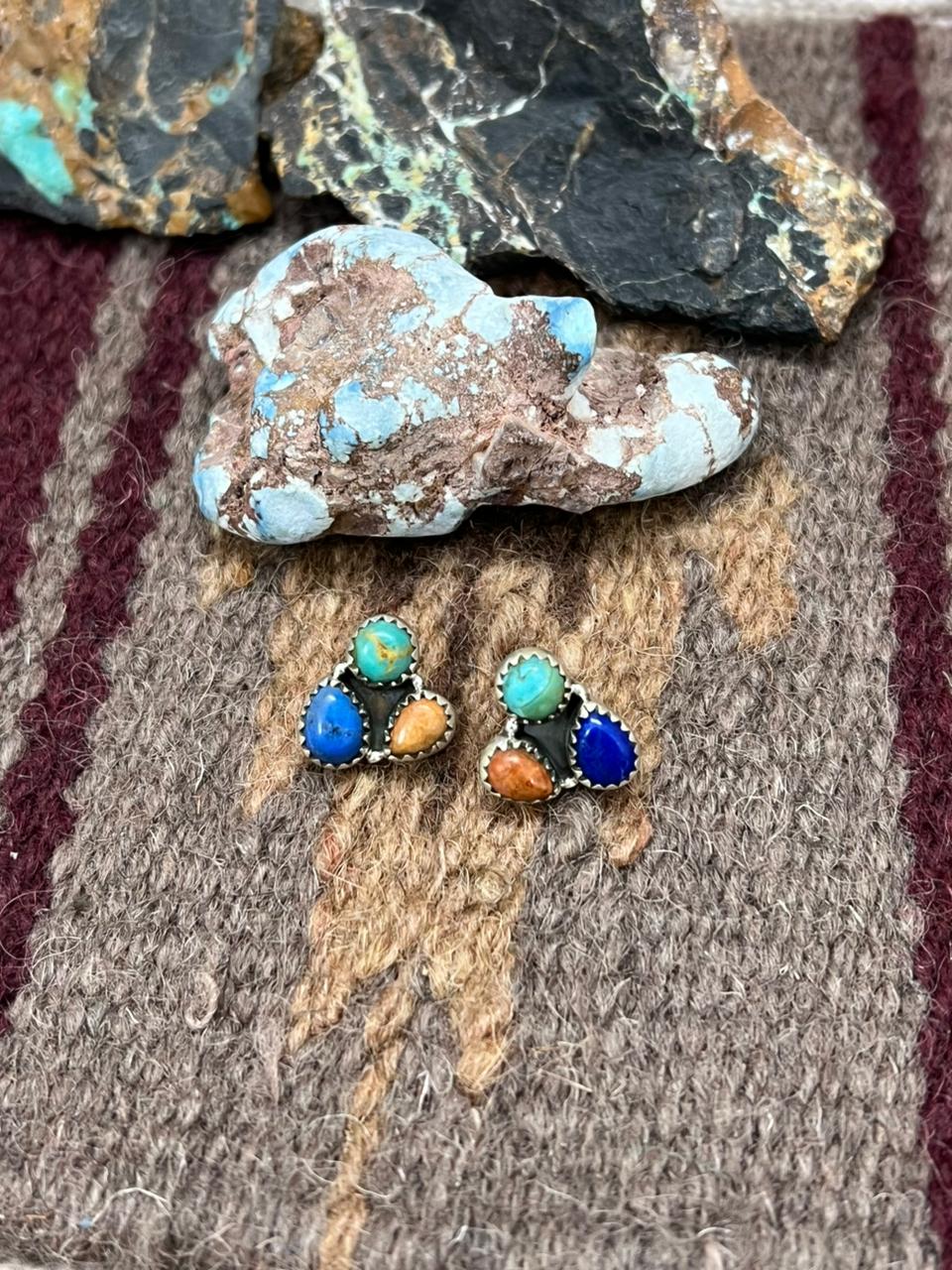 Handmade Sterling Silver Lapis with Kingman Turquosie and Orange Mojave Post Studs Earrings "Signed Nizhoni"