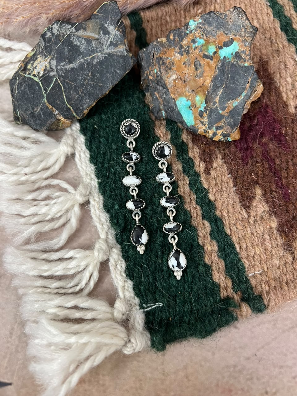 Handmade Sterling Silver White Buffalo Post Dangle Earrings Signed Nizhoni