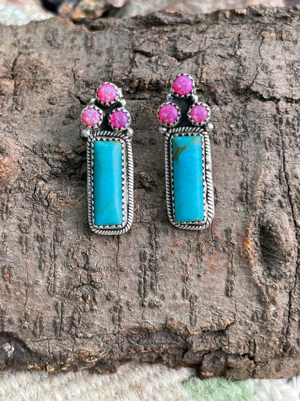 Handmade Sterling Silver Arizona Blue Turquoise with Hot Pink Post Studs Earrings "Signed Nizhoni"