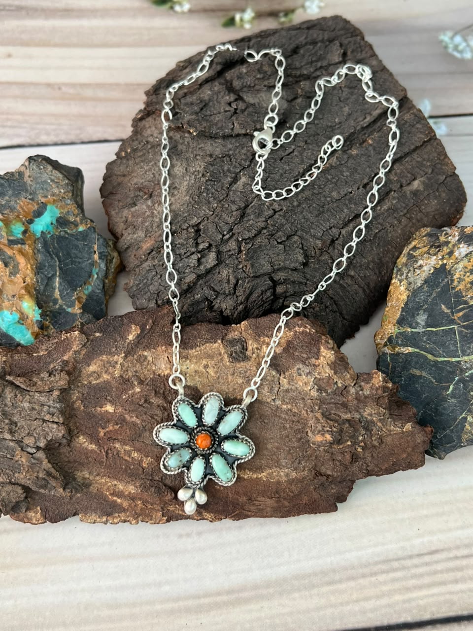 Handmade Sterling Silver Paloma Turquoise with Orange Mojave Necklace Signed Nizhoni