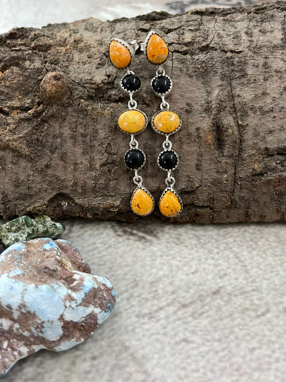 Handmade Sterling Silver Bumblebee with Black Onyx Post Dangle Earrings with Signed Nizhoni