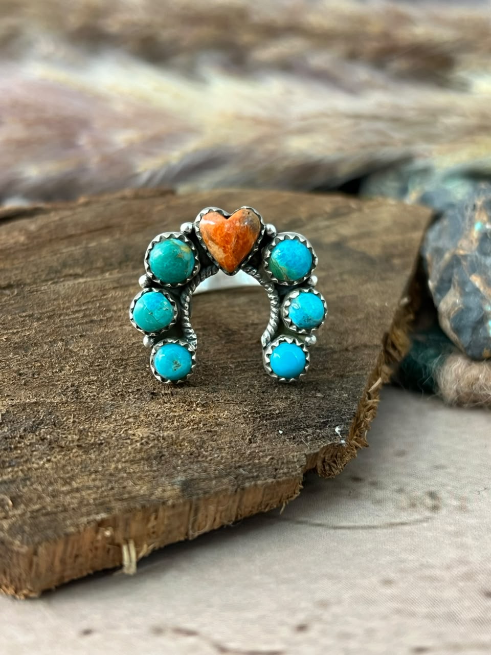Handmade Sterling Silver Kingman Turquoise with Orange Mojave Naja Adjustable Ring Signed Nizhoni