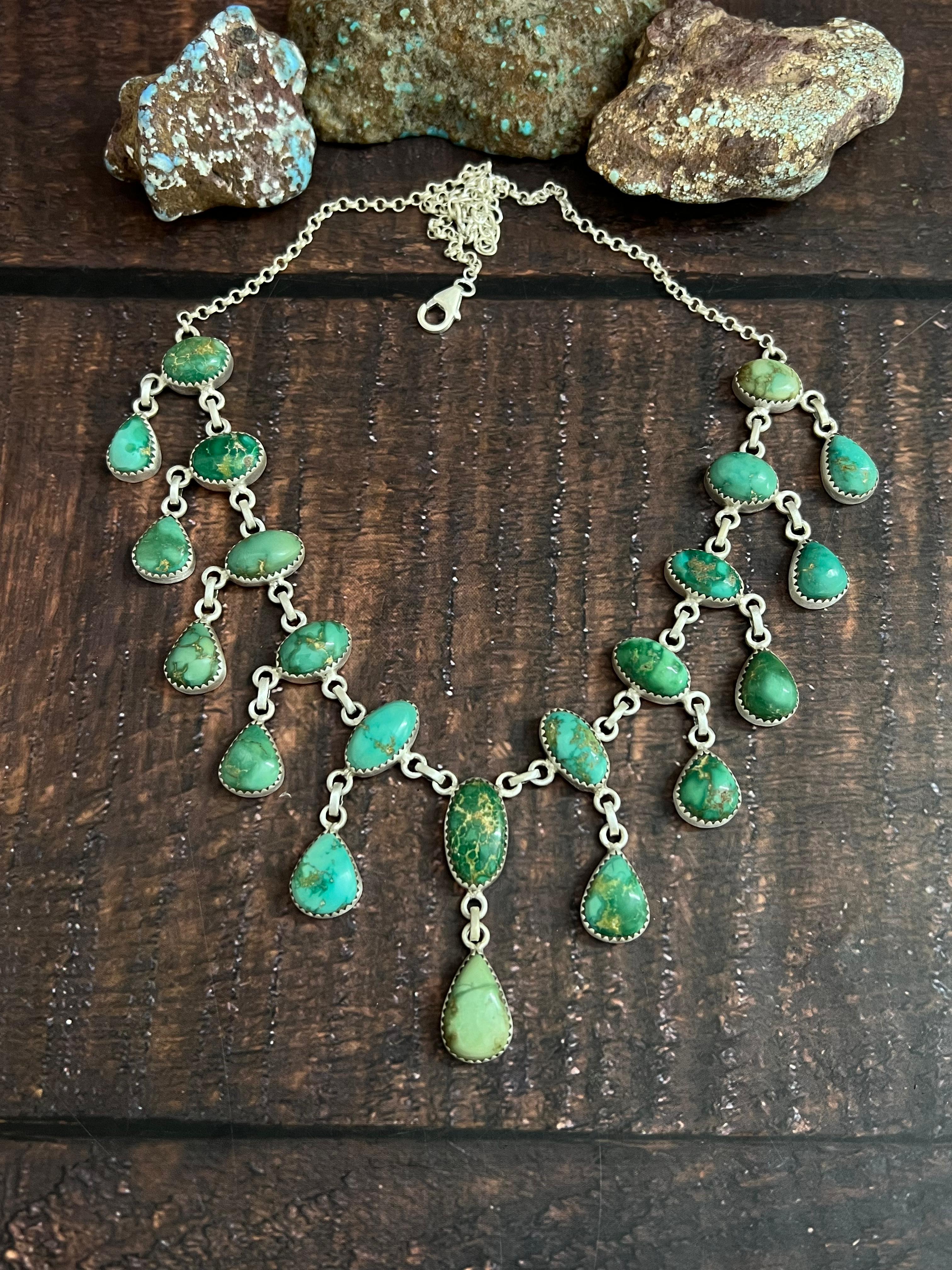 Handmade Sterling Silver Kingman Turquoise Necklace with Signed Nizhoni