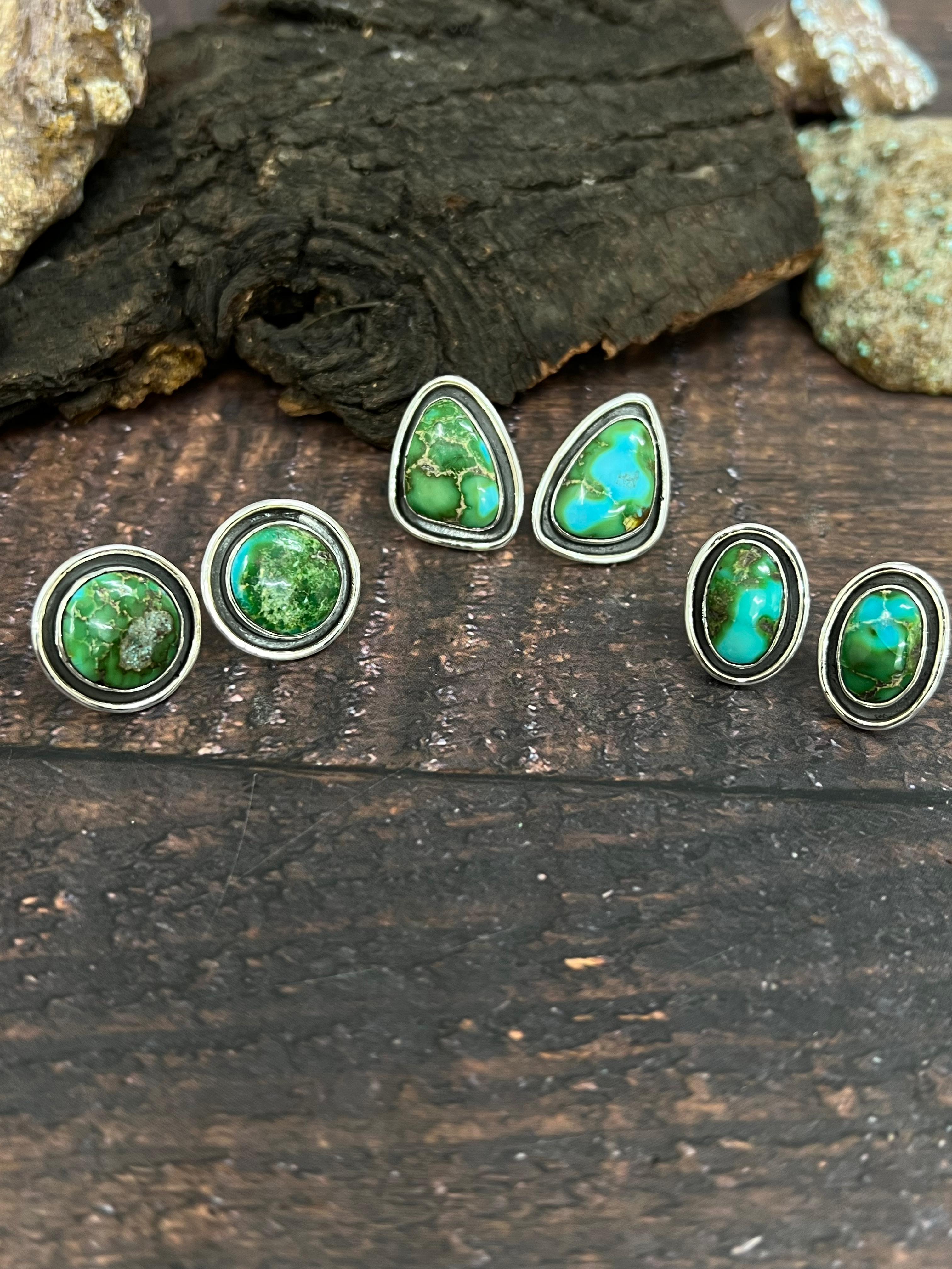 Handmade Sterling Silver Sonoran Mountain Turquoise Stud Post Studs with Signed Nizhoni