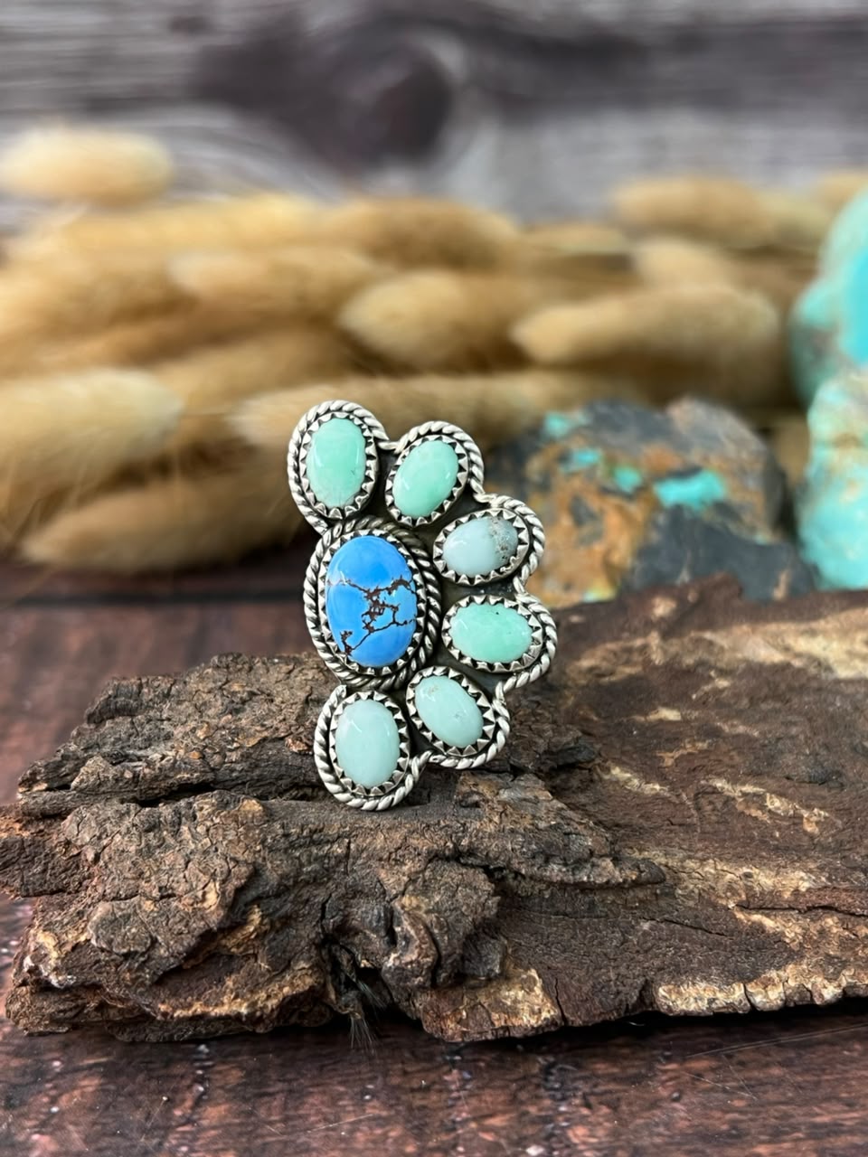 Handmade Sterling Silver Paloma with Golden Hills Turquoise Adjustable Ring Signed Nizhoni