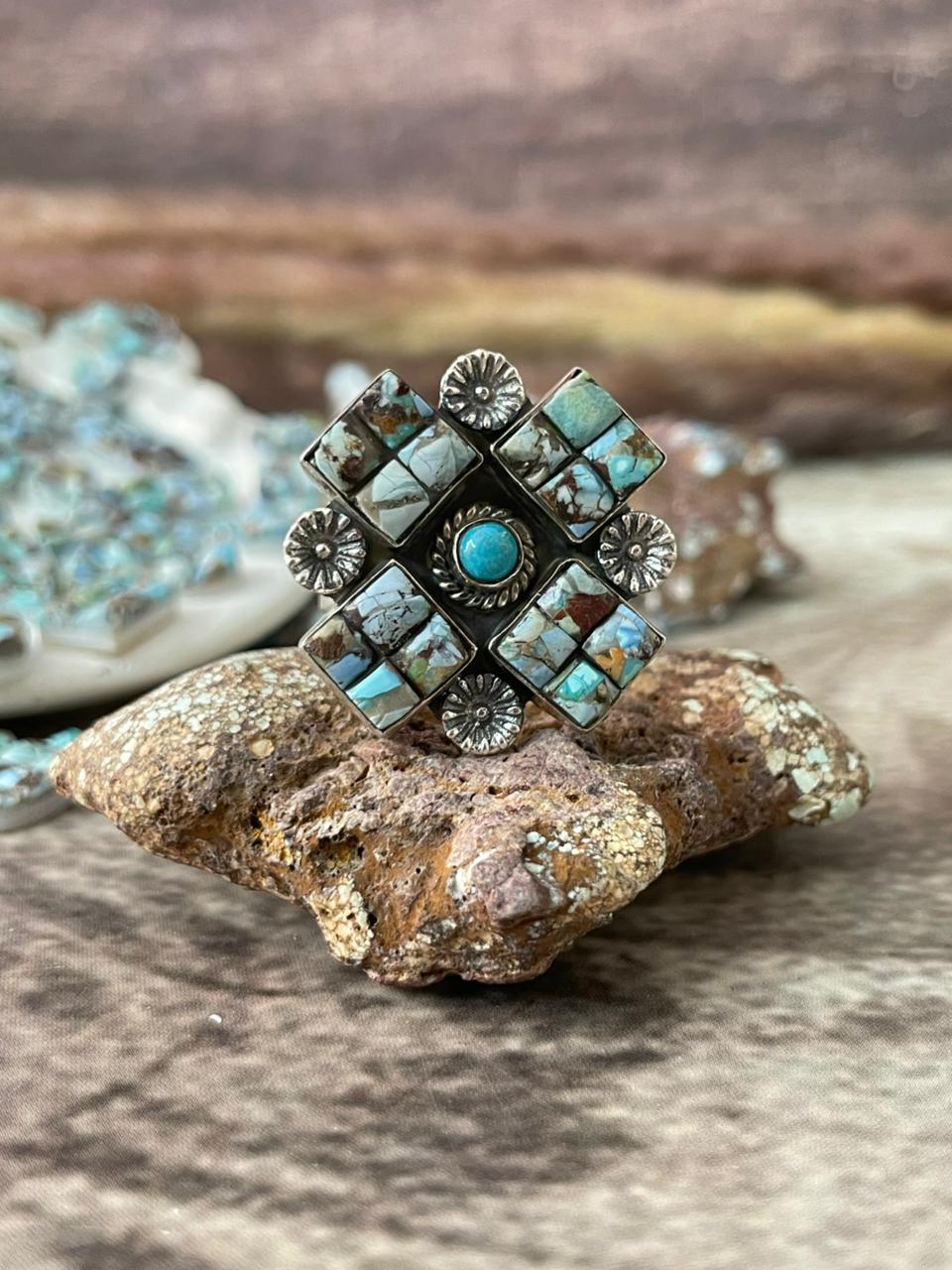 Handmade Sterling Silver 'Golden Hills Turquoise Cobble Collection' Adjustable Ring "Signed Nizhoni"