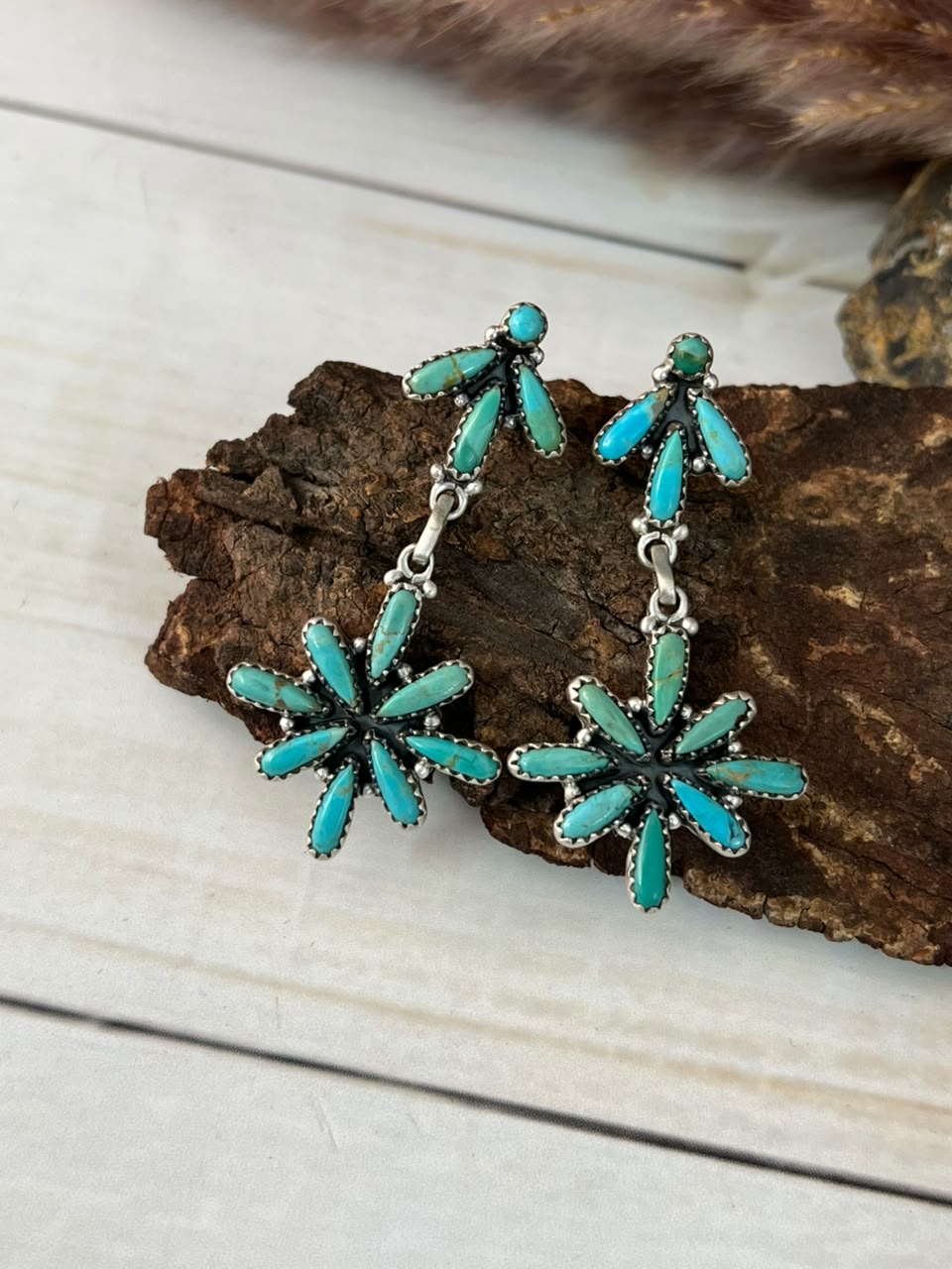 Handmade Sterling Silver Kingman Turquoise Post Dangle Earrings Signed Nizhoni