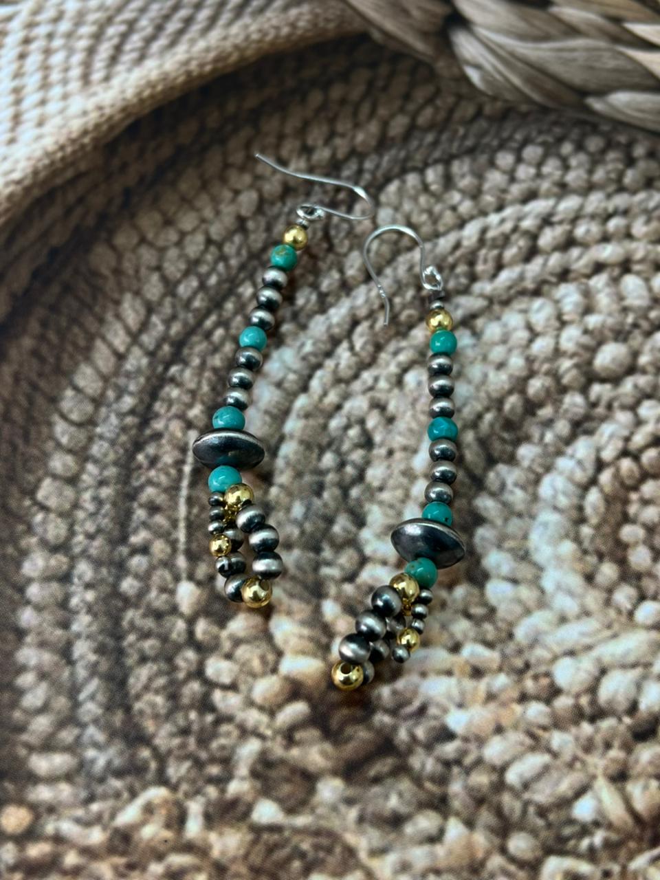 Handmade Sterling Silver Kingman Turquoise Hook Dangle Beaded Earrings