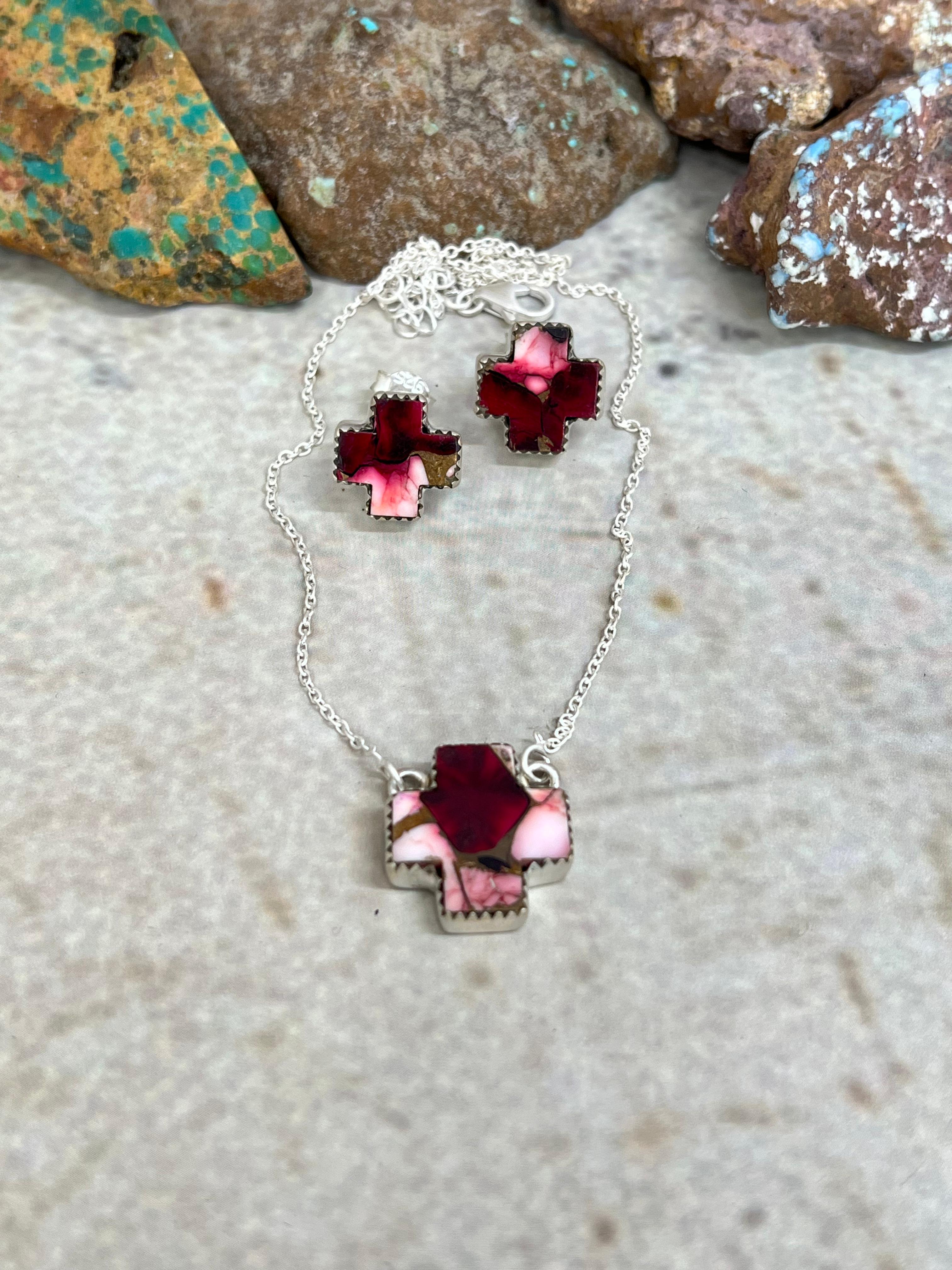 Handmade Sterling Silver Dahlia Rose Cross Necklace Earrings Set with Signed Nizhoni (7)