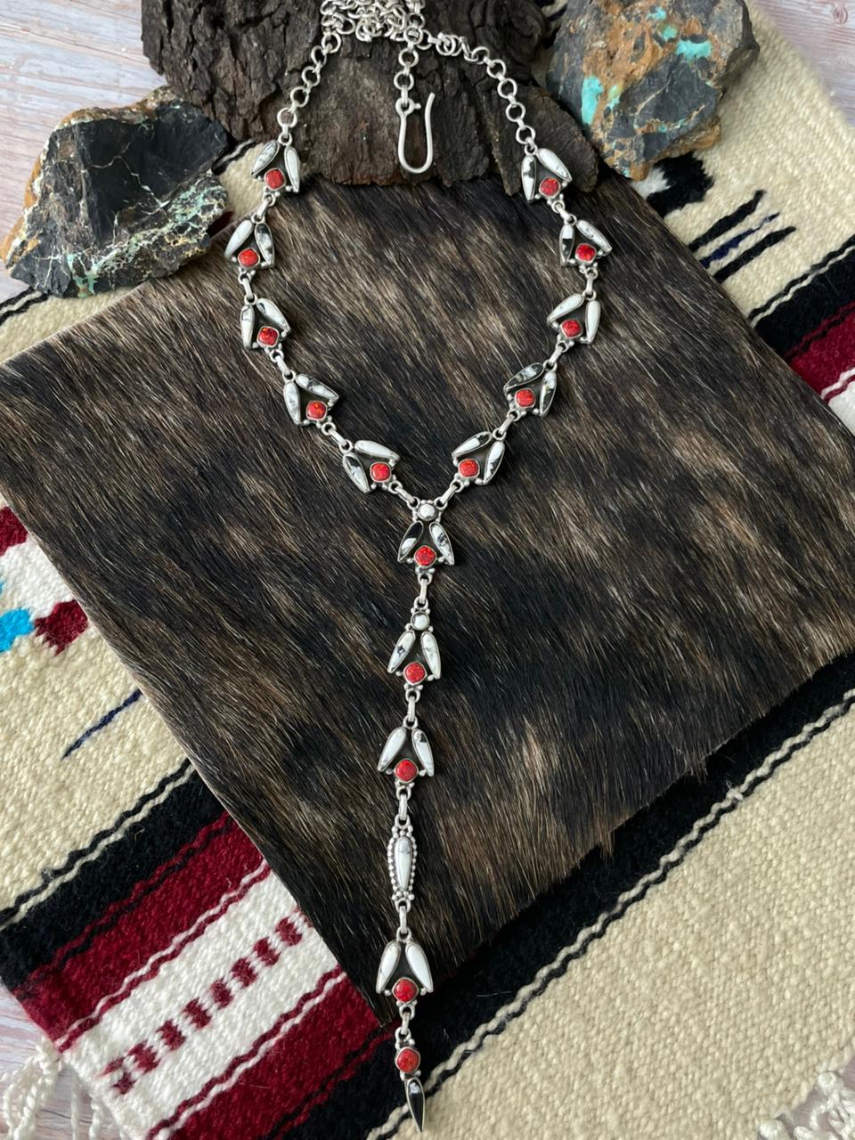 Handmade Sterling Silver White Buffalo with Red Opal Necklace "Signed Nizhoni"