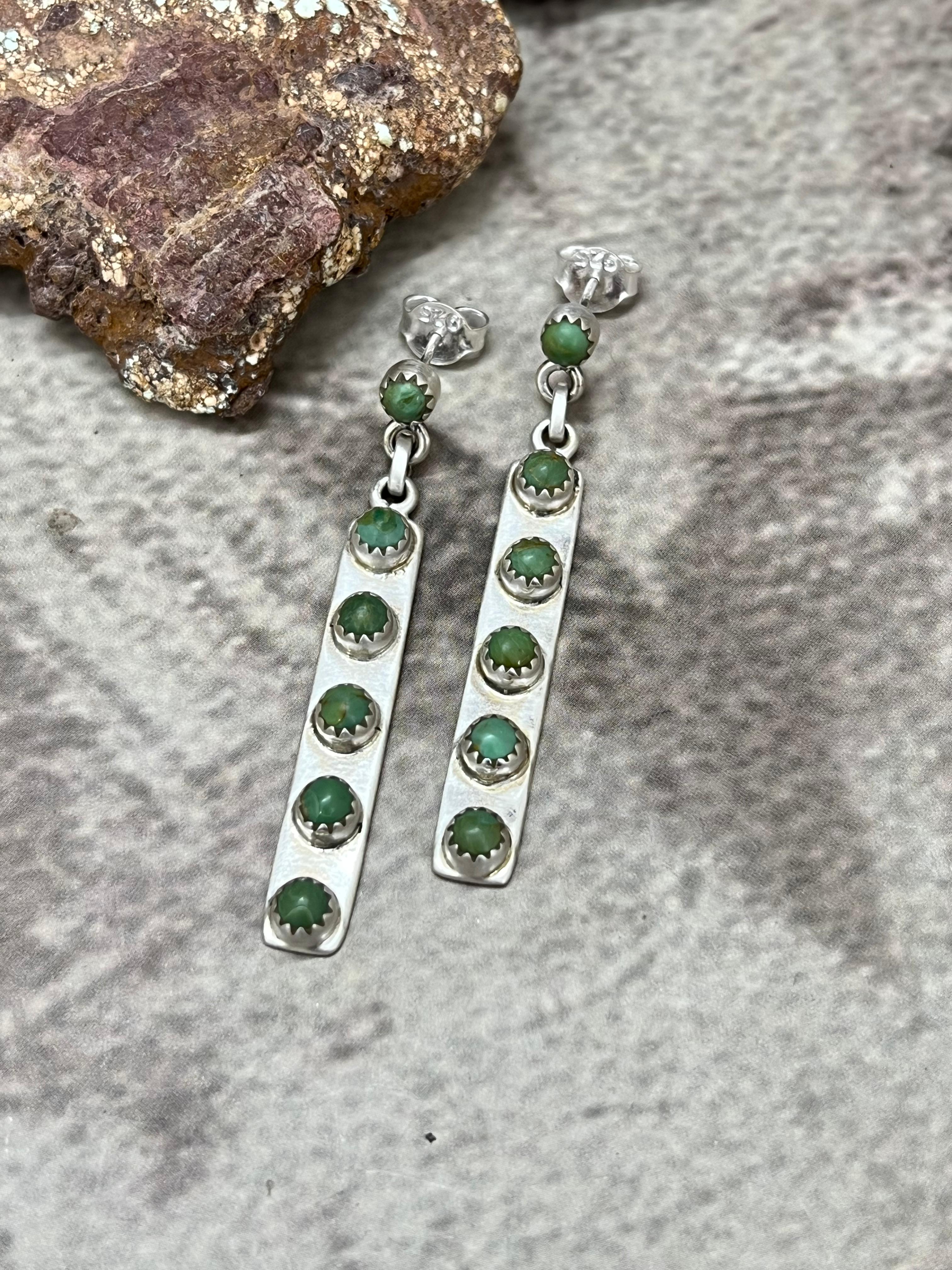 Handmade Sterling Silver Kingman Turquoise Post Dangle Earrings with Signed Nizhoni