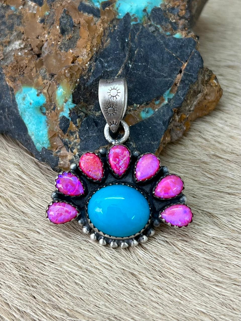 Handmade Sterling Silver Arizona Blue Turquoise with Hot Pink Pendant "Signed Nizhoni"