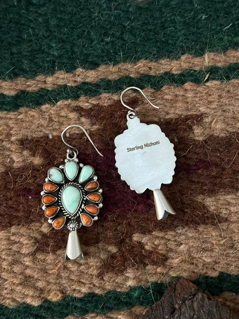 Handmade Sterling Silver Orange Mojave with Paloma Turquoise Squash Blossom Hook Dangle Earrings Signed Nizhoni