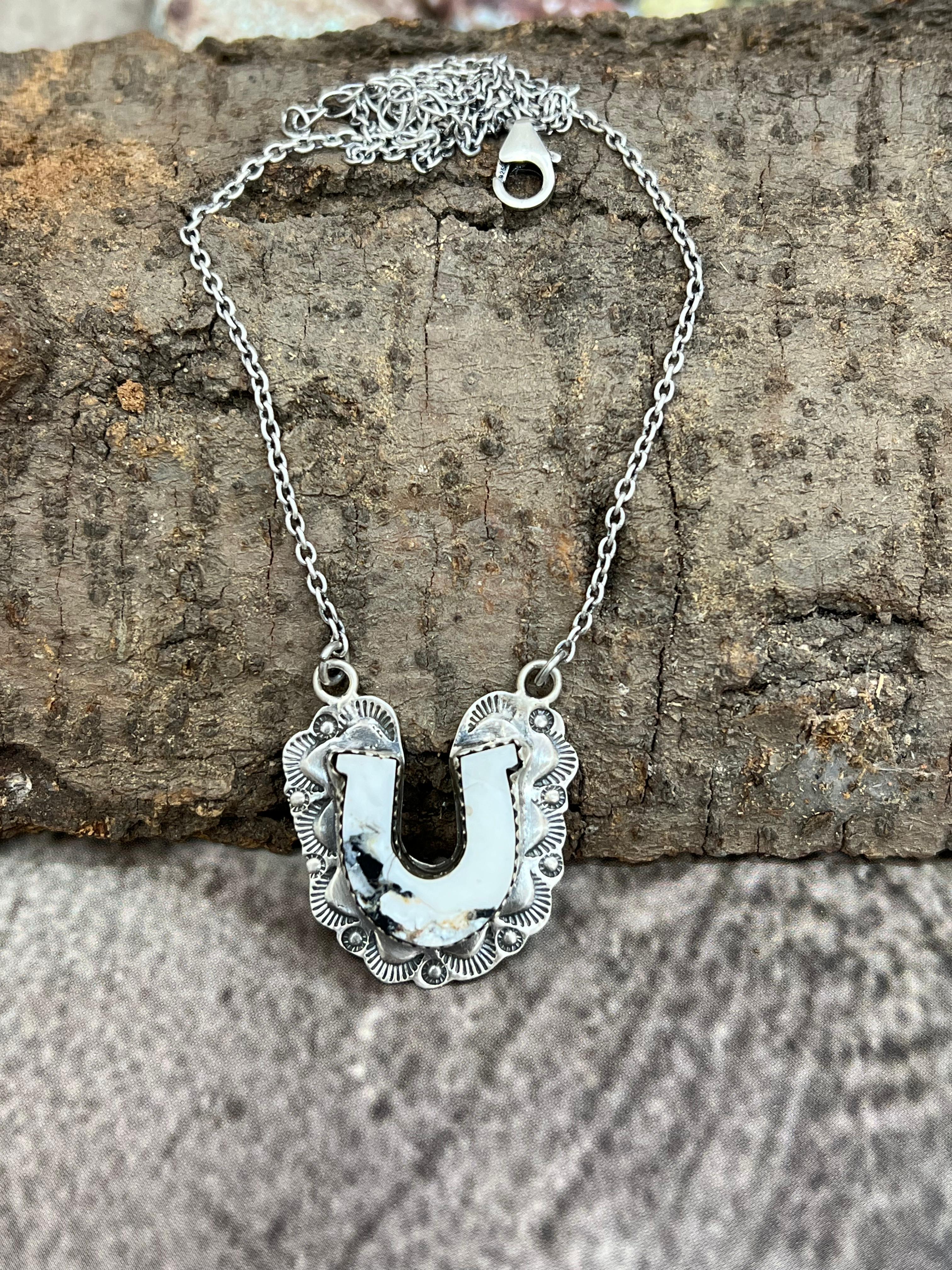 Handmade Sterling Silver White Buffalo Turquoise Necklace with Signed Nizhoni