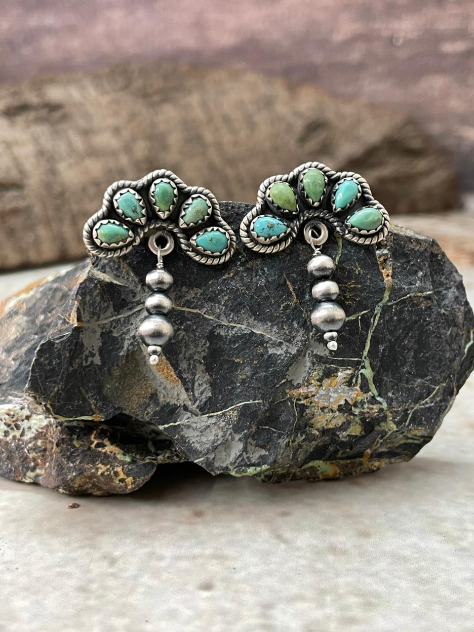 Handmade Sterling Silver Beaded Kingman Turquoise Post Dangle Earrings "Signed Nizhoni"
