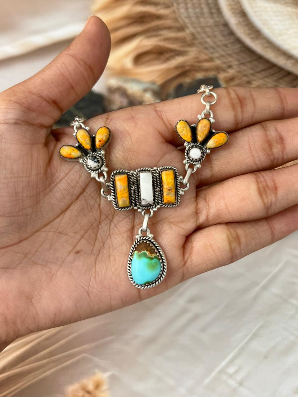 Handmade Sterling Silver Spring Collection: White Buffalo with Bumblebee & Sonoran Mountain Turquoise Necklace "Signed Nizhoni"