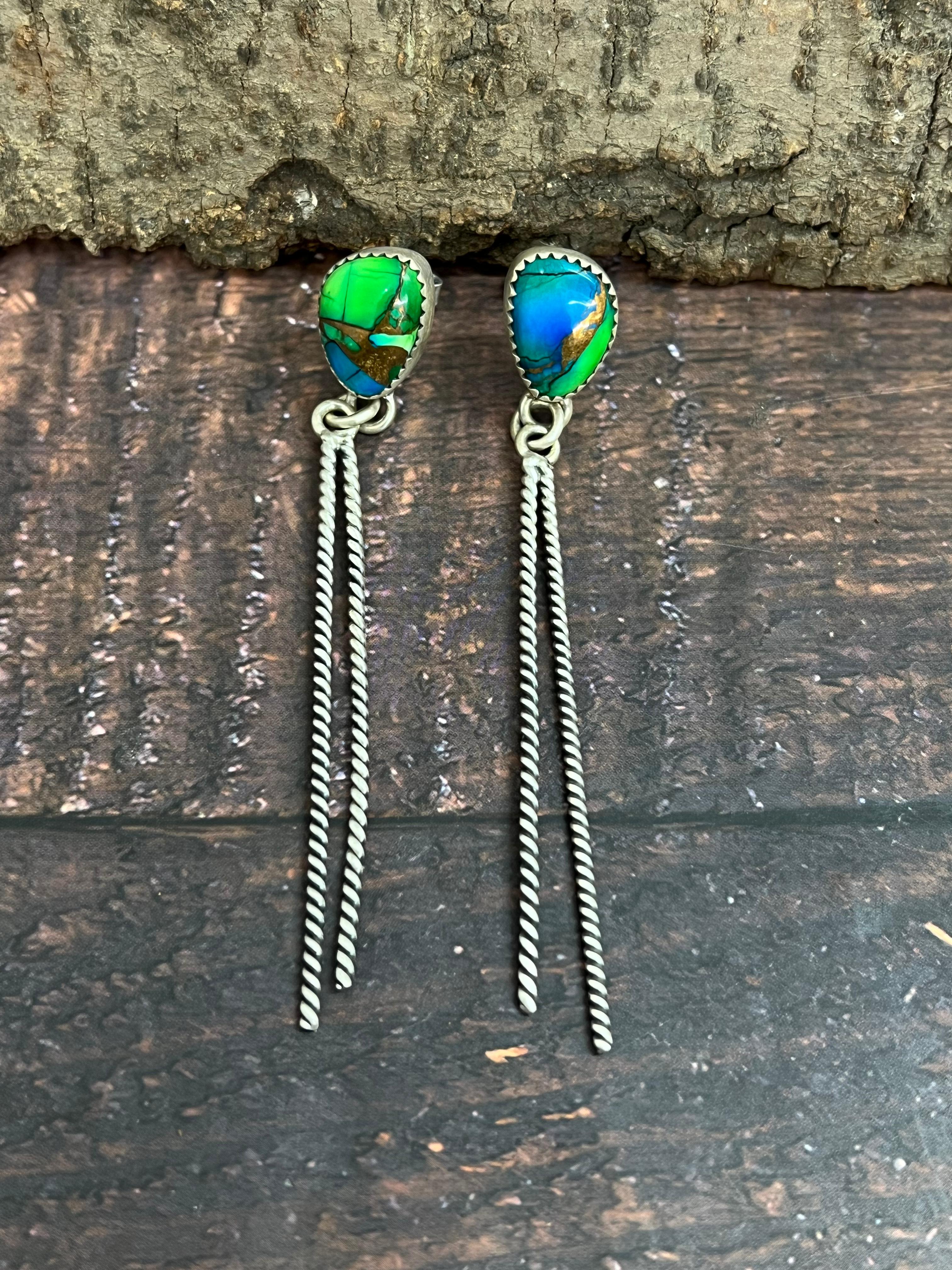 Handmade Sterling Silver Peacock Dahlia Post Earrings with Signed Nizhoni