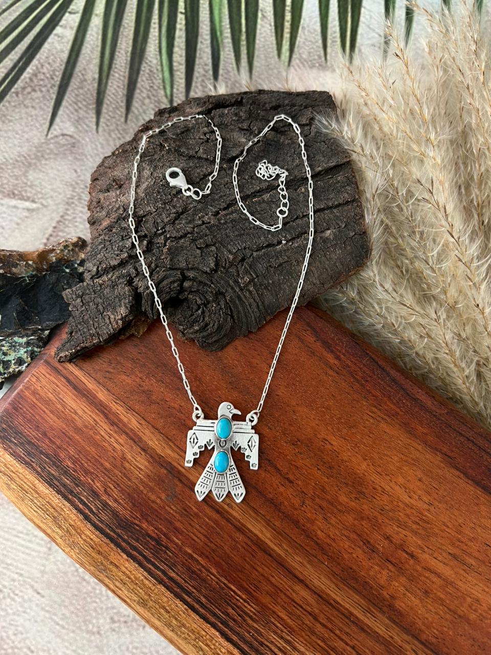 Handmade Sterling Silver Kingman Turquoise Thunder Bird Necklace "Signed Nizhoni"