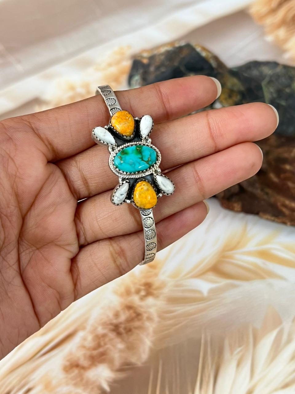 Handmade Sterling Silver Spring Collection: Bumblebee with Sonoran and White Buffalo Bracelet "Signed Nizhoni"