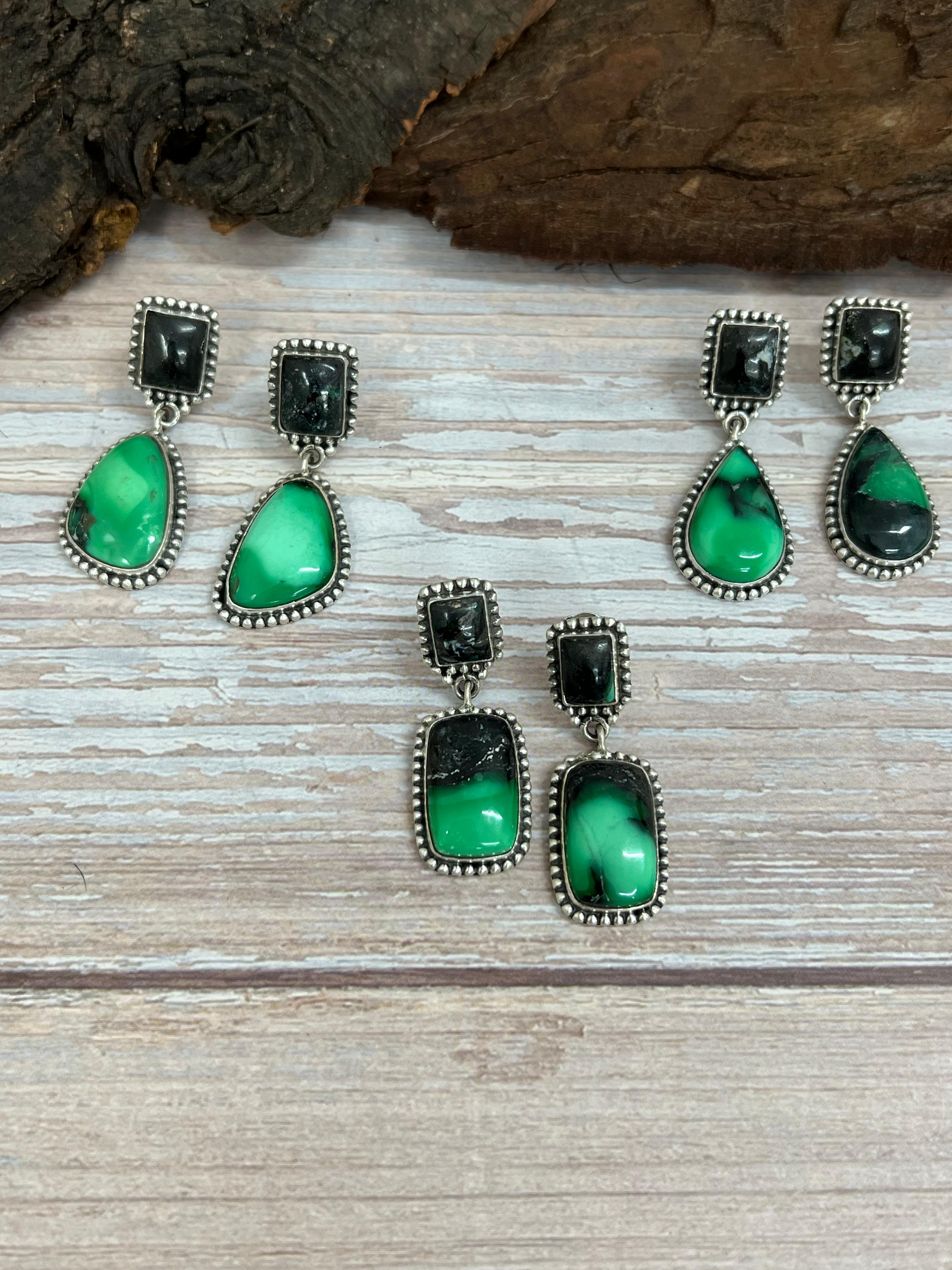 Handmade Sterling Silver Emerald Rose Post Dangle Earrings with Signed Nizhoni