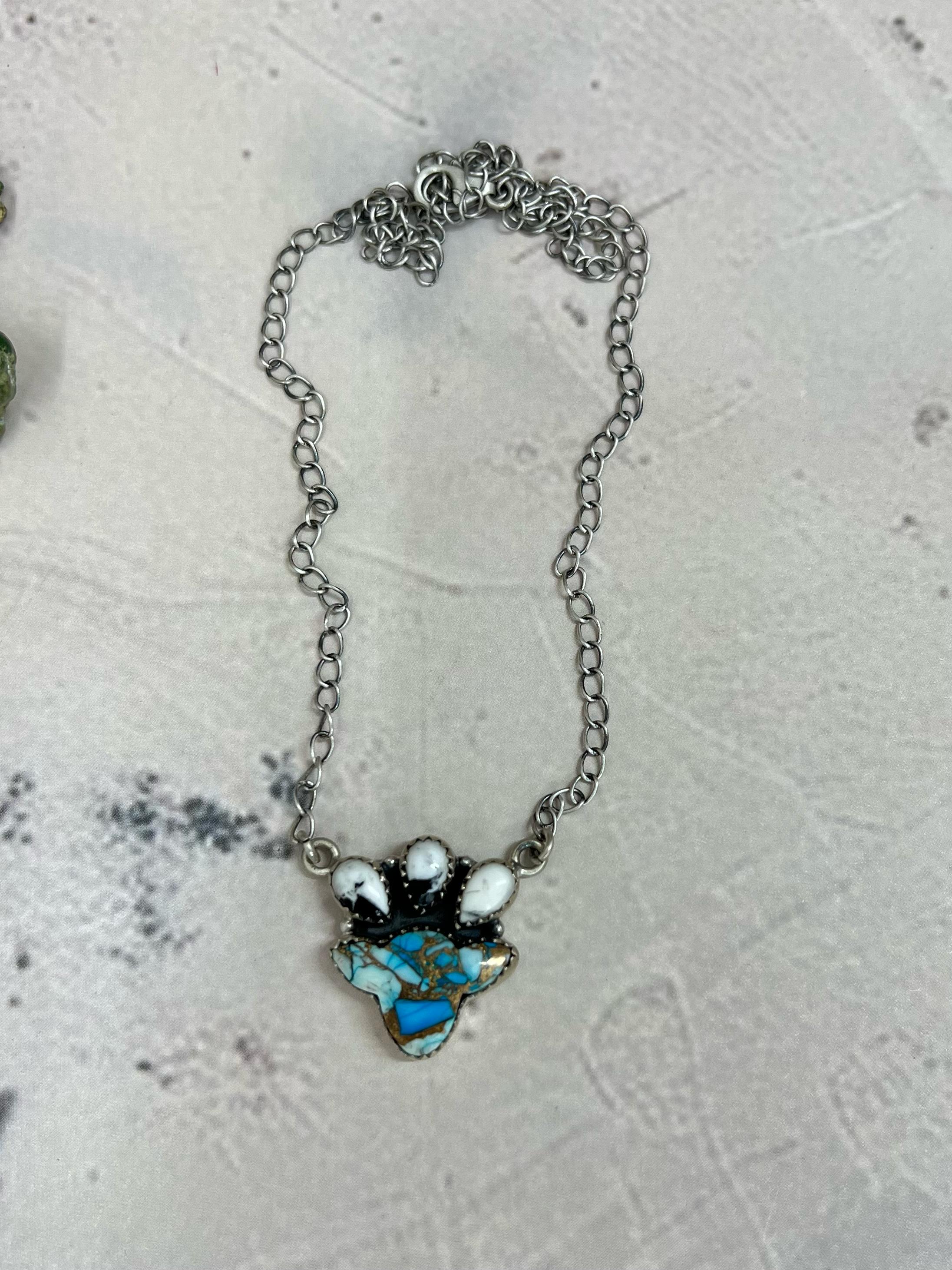 Handmade Sterling Silver Blue Ice Rose Dahlia with White Buffalo Necklace with Signed Nizhoni