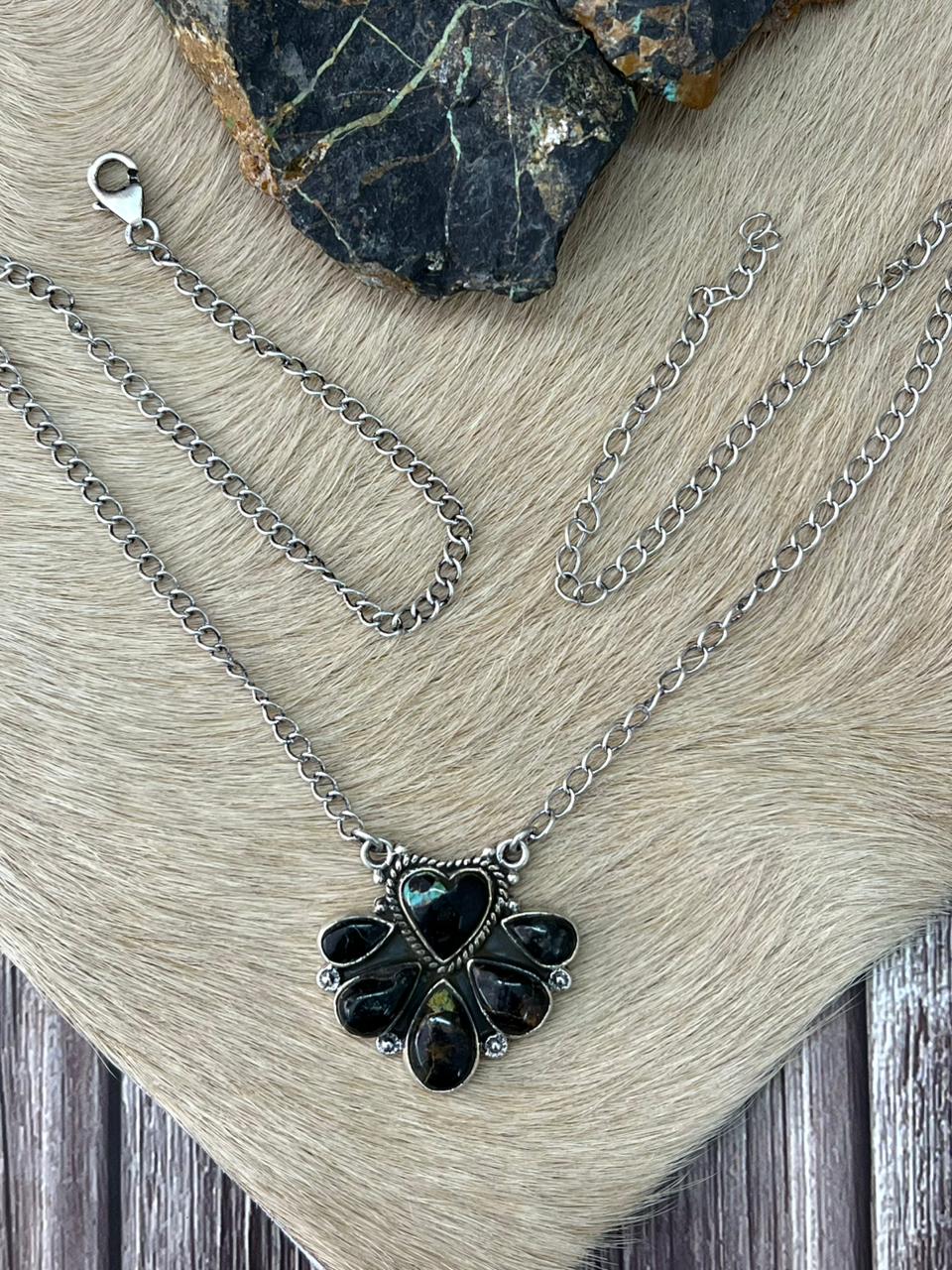 Handmade Sterling Silver Blackjack Turquoise Necklace "Signed Nizhoni"