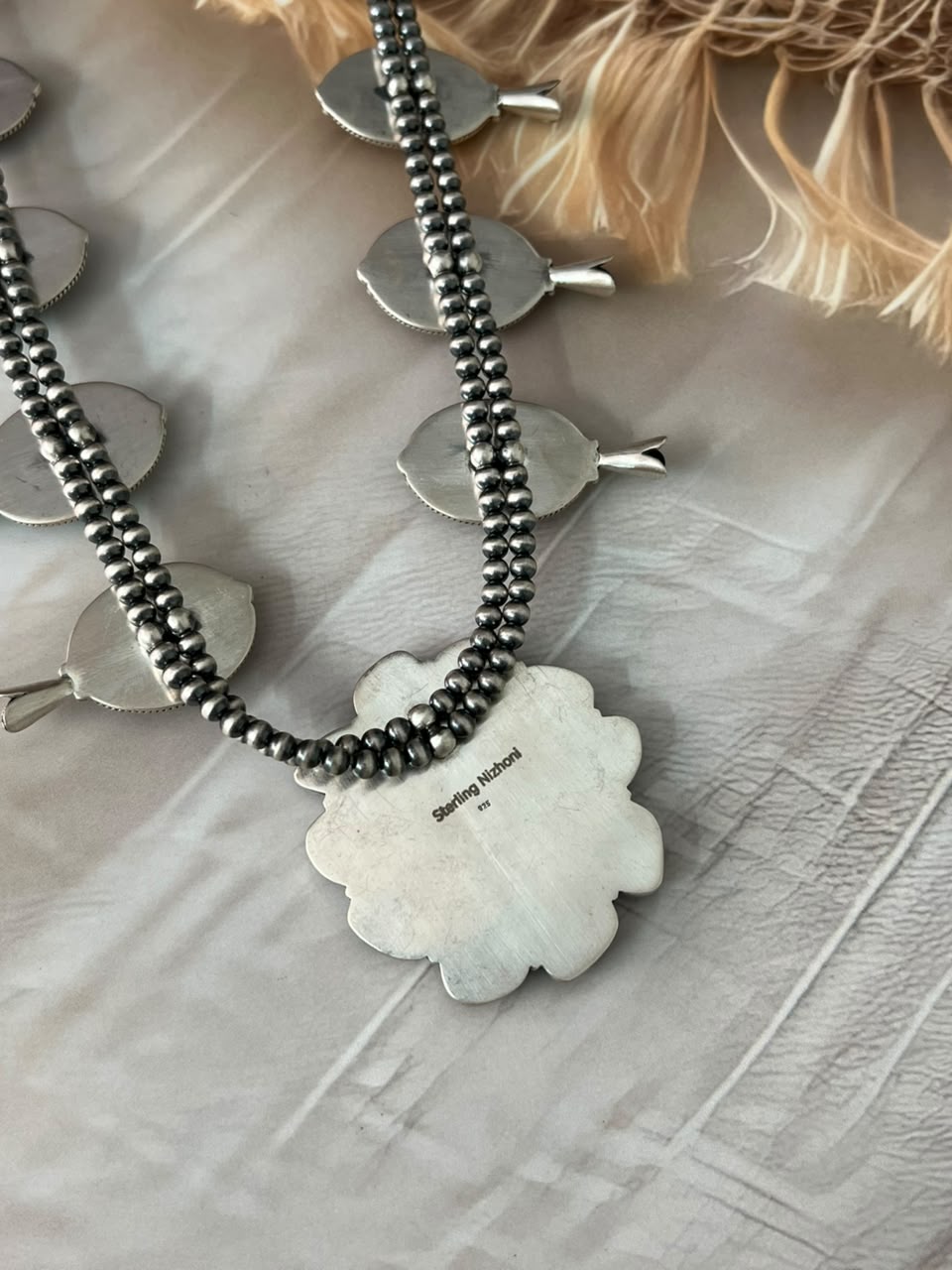 Handmade Sterling Silver Blackjack Turquoise Collection: Squash Blossom Beaded Necklace Signed Nizhoni