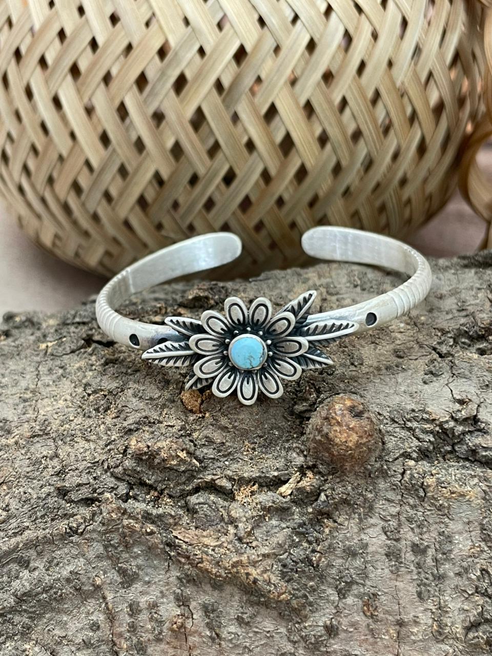 Handmade Sterling Silver Golden Hills Turquoise Cuff Bracelet with Signed Nizhoni