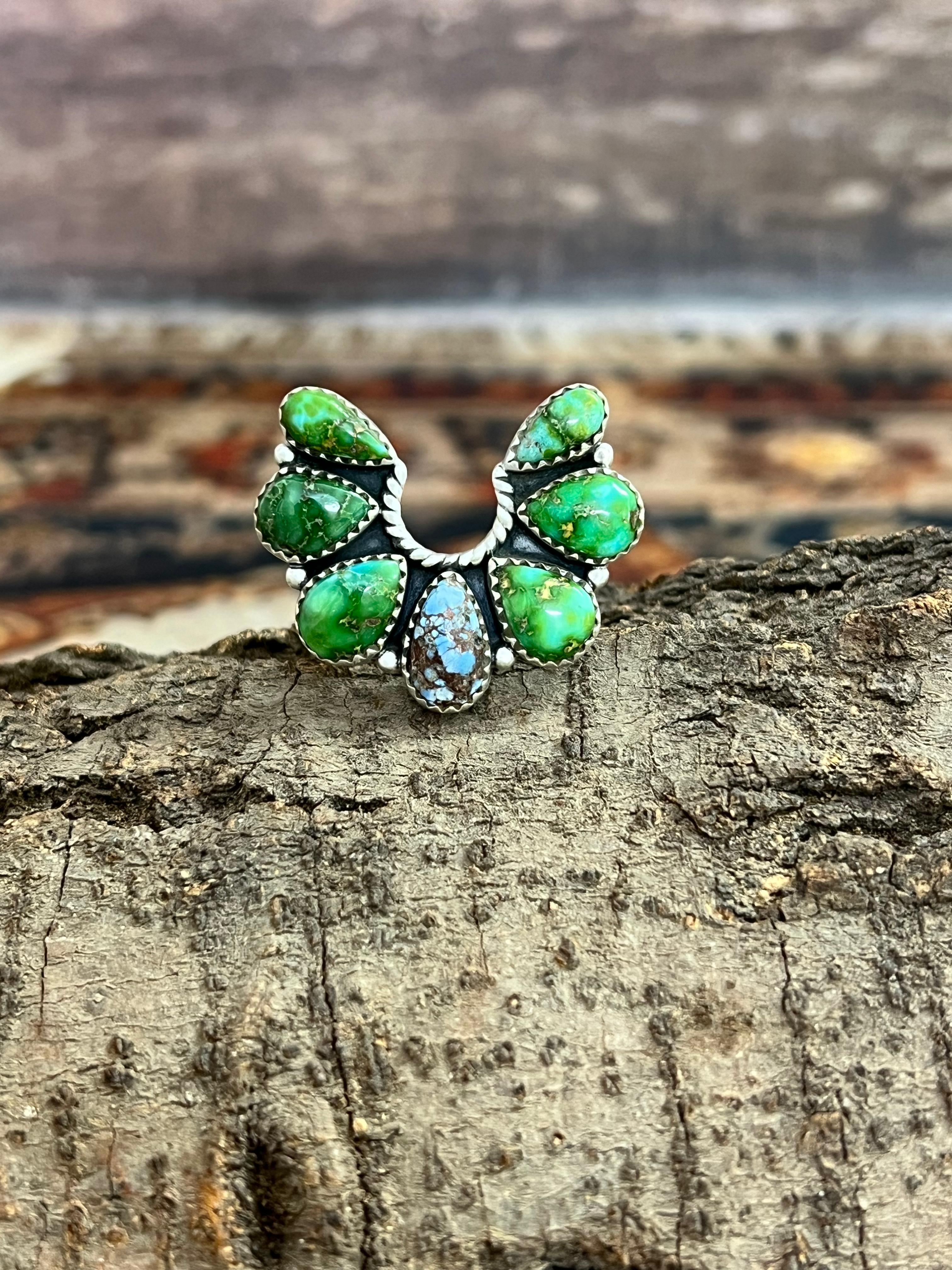 Handmade Sterling Silver Sonoran Mountain Turquoise, Golden Hills Turquoise Naja Adjustable Ring, Signed Nizhoni (8)