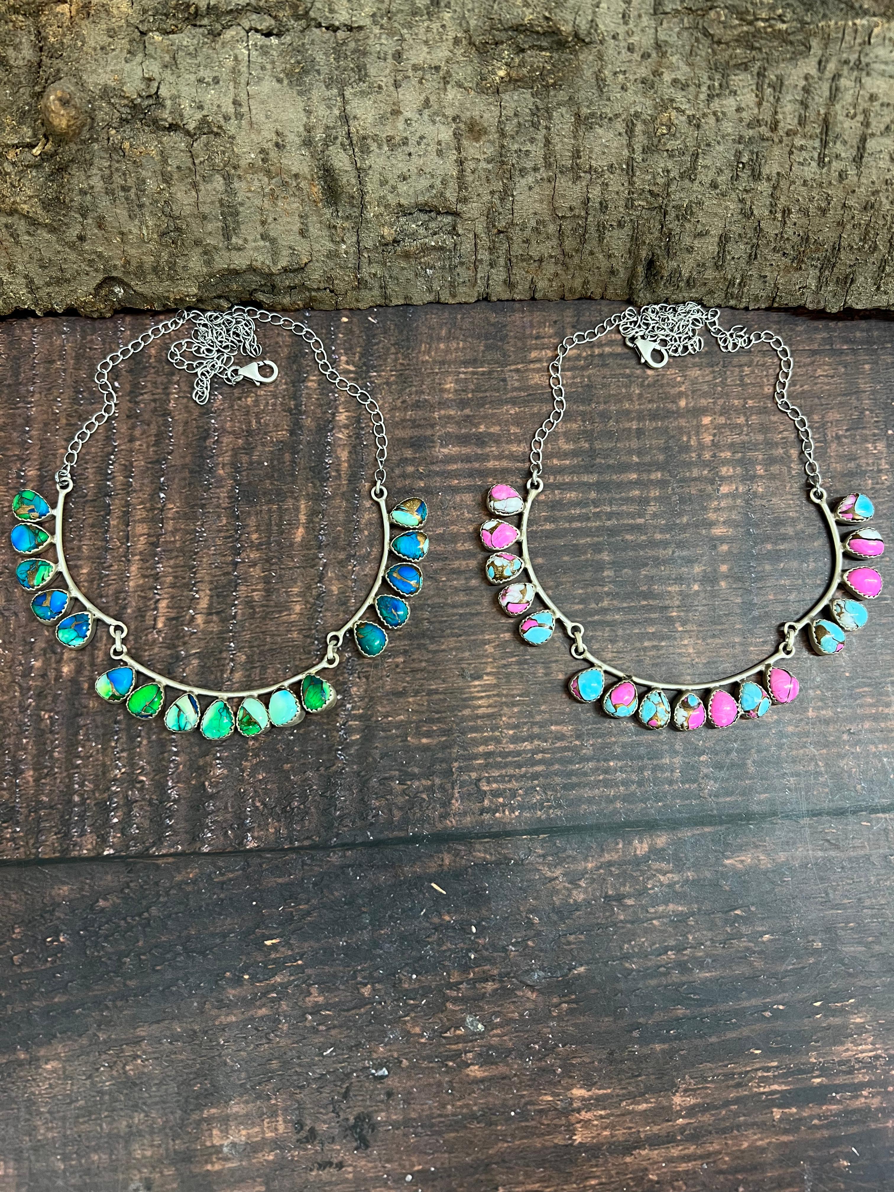 Handmade Sterling Silver Peacock Dahlia, Cotton Candy Turquoise Necklace with Signed Nizhoni