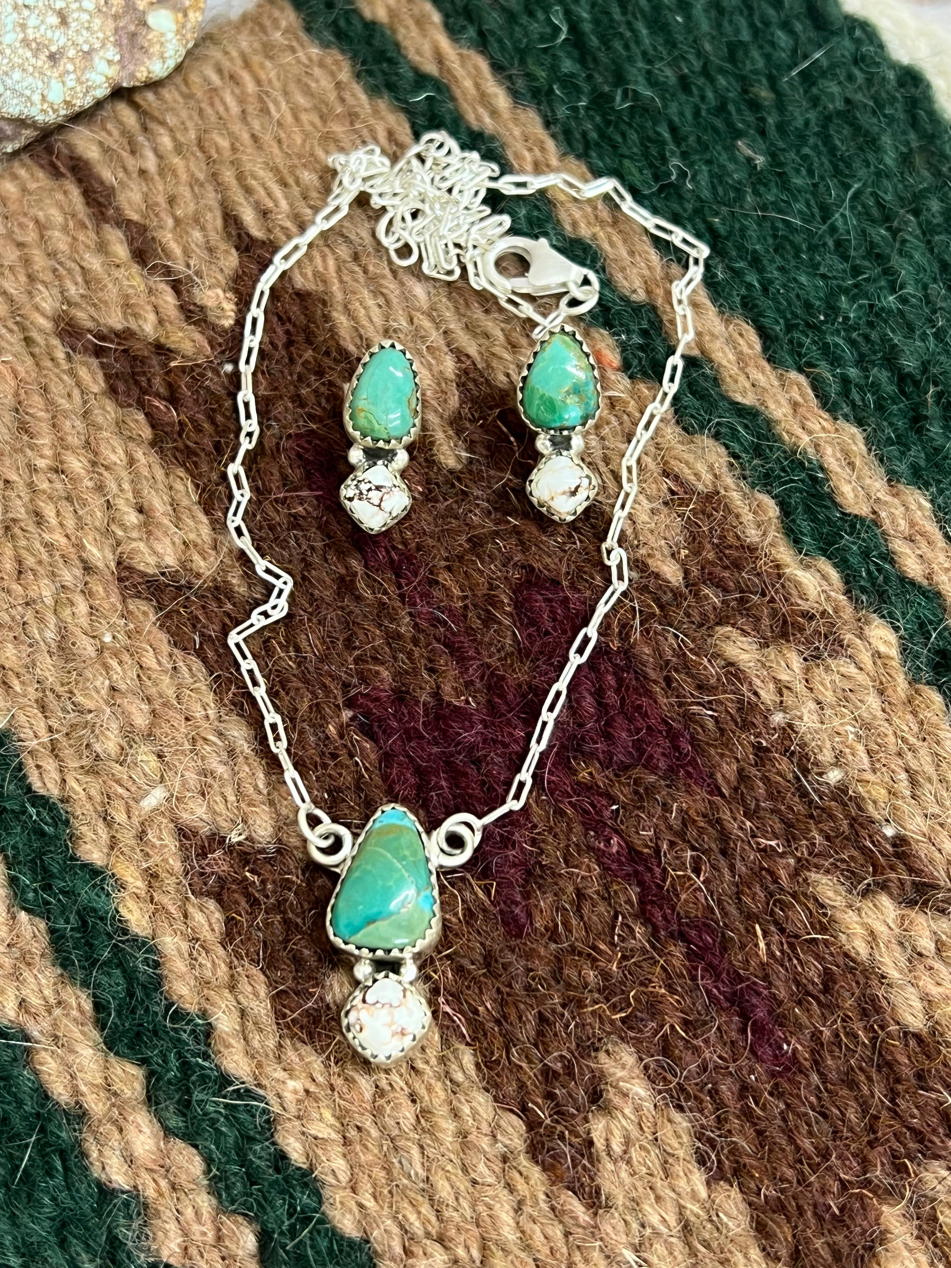 Handmade Sterling Silver Kingman Turquoise, Wild Horse Magnesite Necklace Earrings Set with Signed Nizhoni